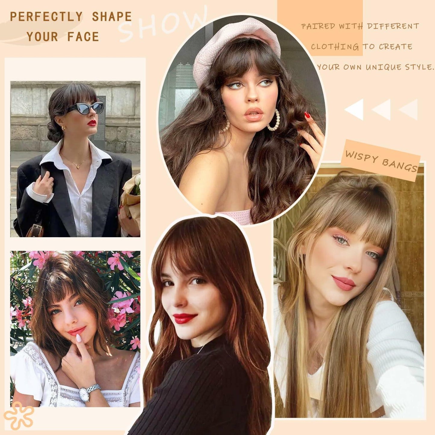 WZNBBOY Synthetic Clip in Bangs Hair Extensions Brown Black Wispy Fringe