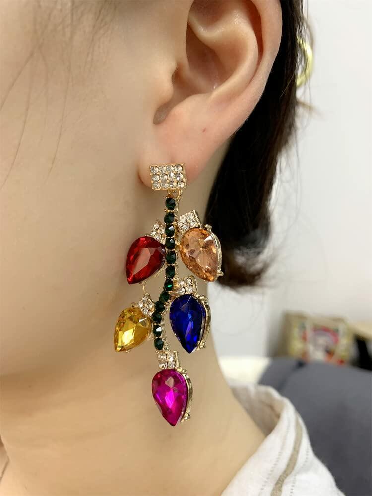 Dtja Crystal Xmas Leaf Dangle Earrings Women Colorful Cubic Zirconia Big Style