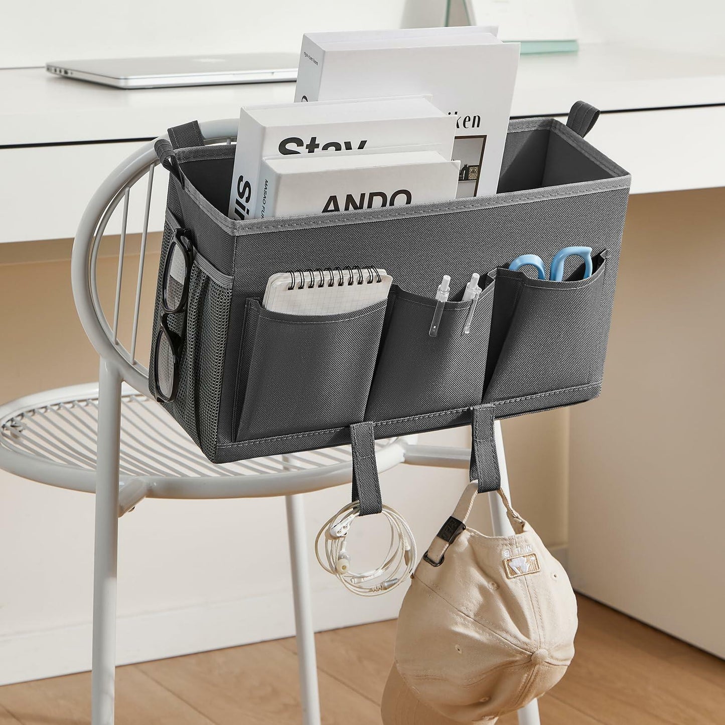 Berdeng Bedside Organizer Caddy 3 Pockets Mesh Side Pocket Gray 2 Pack