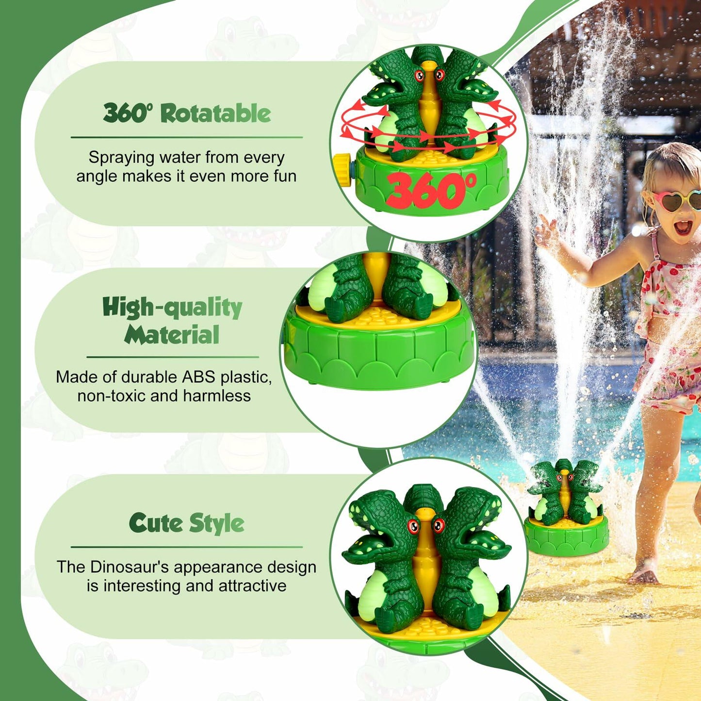 wodiguig Dinosaur Kids Water Sprinkler Green with Rotating Nozzles Hose