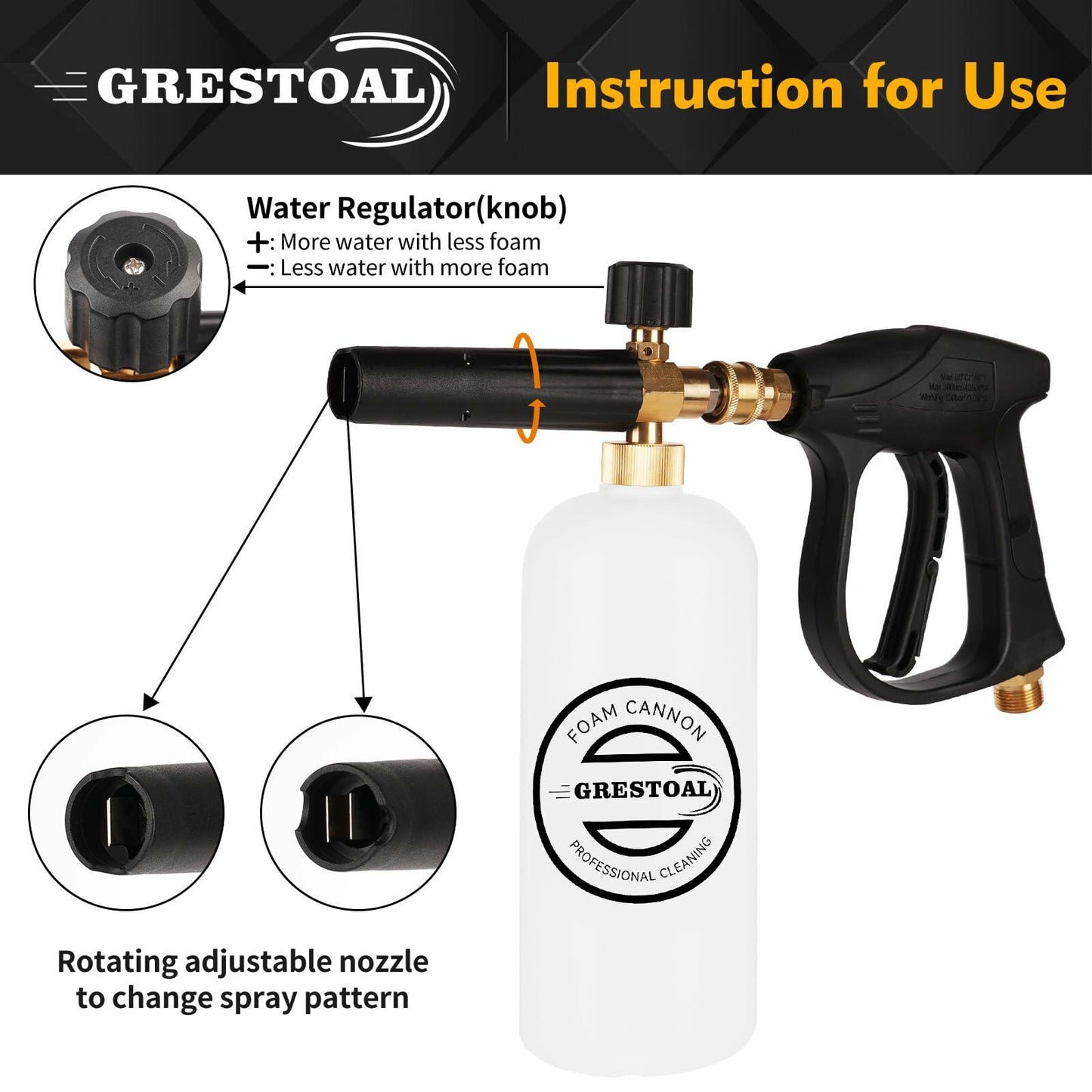GRESTOAL Pressure Washer Gun Foam Cannon 5 Nozzles 1L 3000 PSI Black