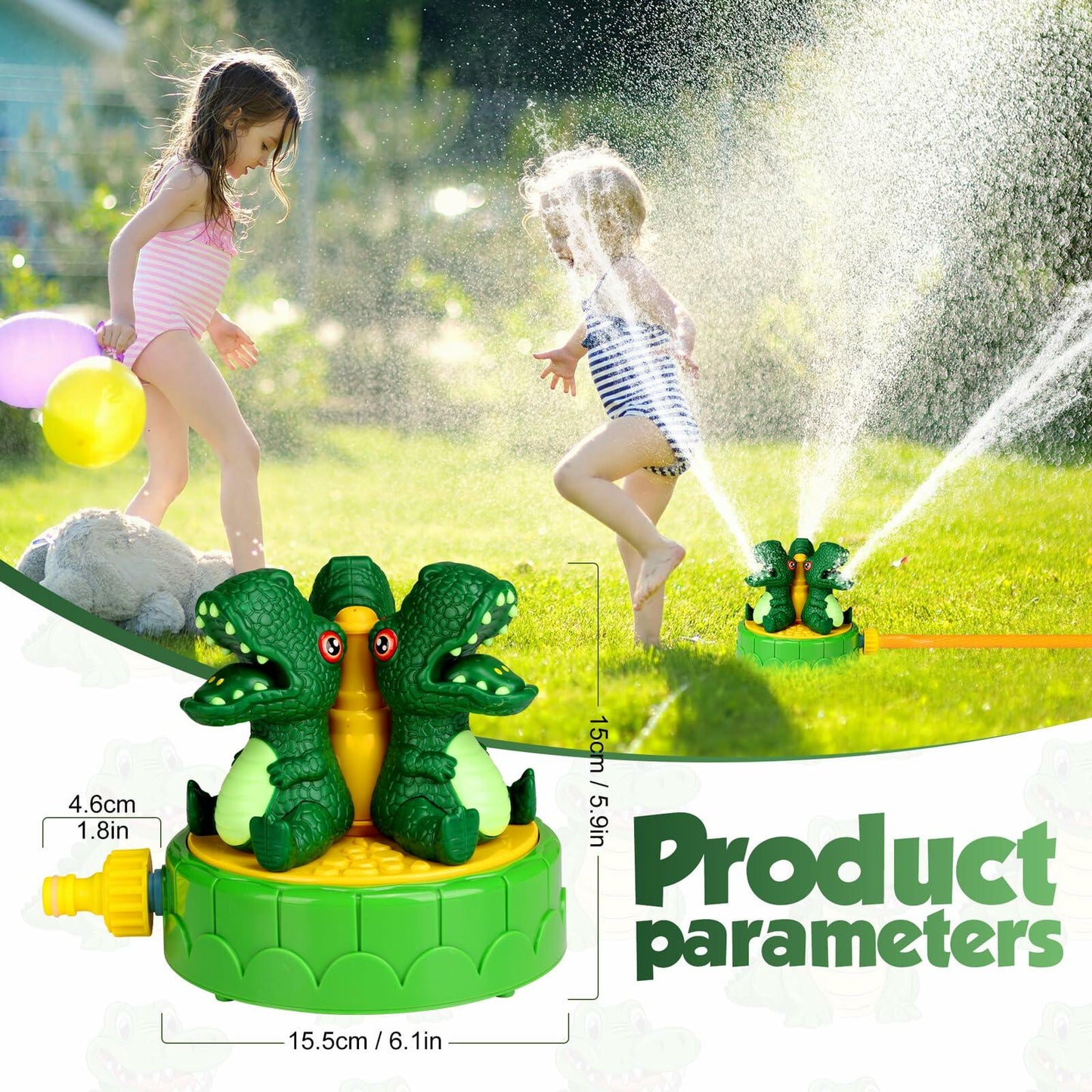 wodiguig Dinosaur Kids Water Sprinkler Green with Rotating Nozzles Hose