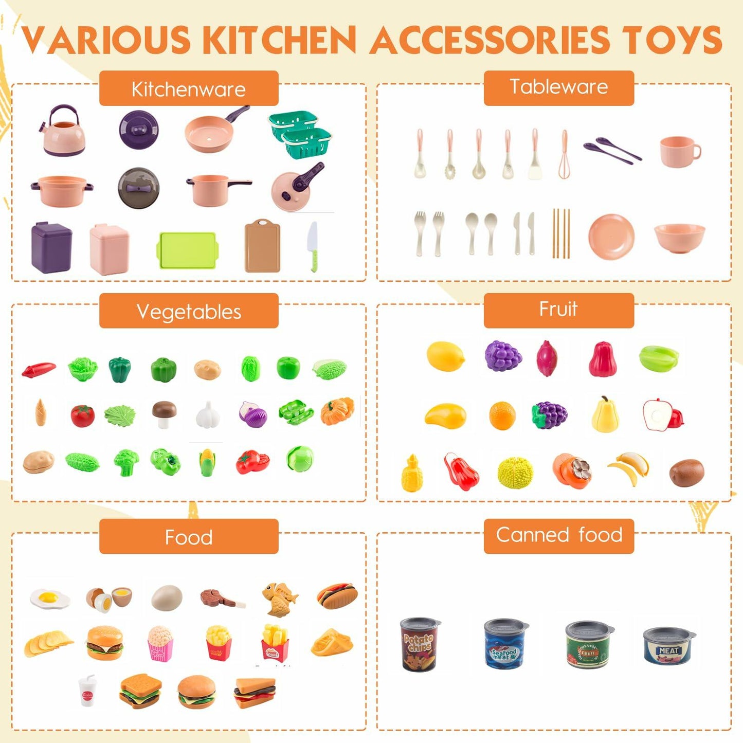 Bruvoalon 200Pcs Mini Play Kitchen Accessories Set Pink ABS Cookware Tableware