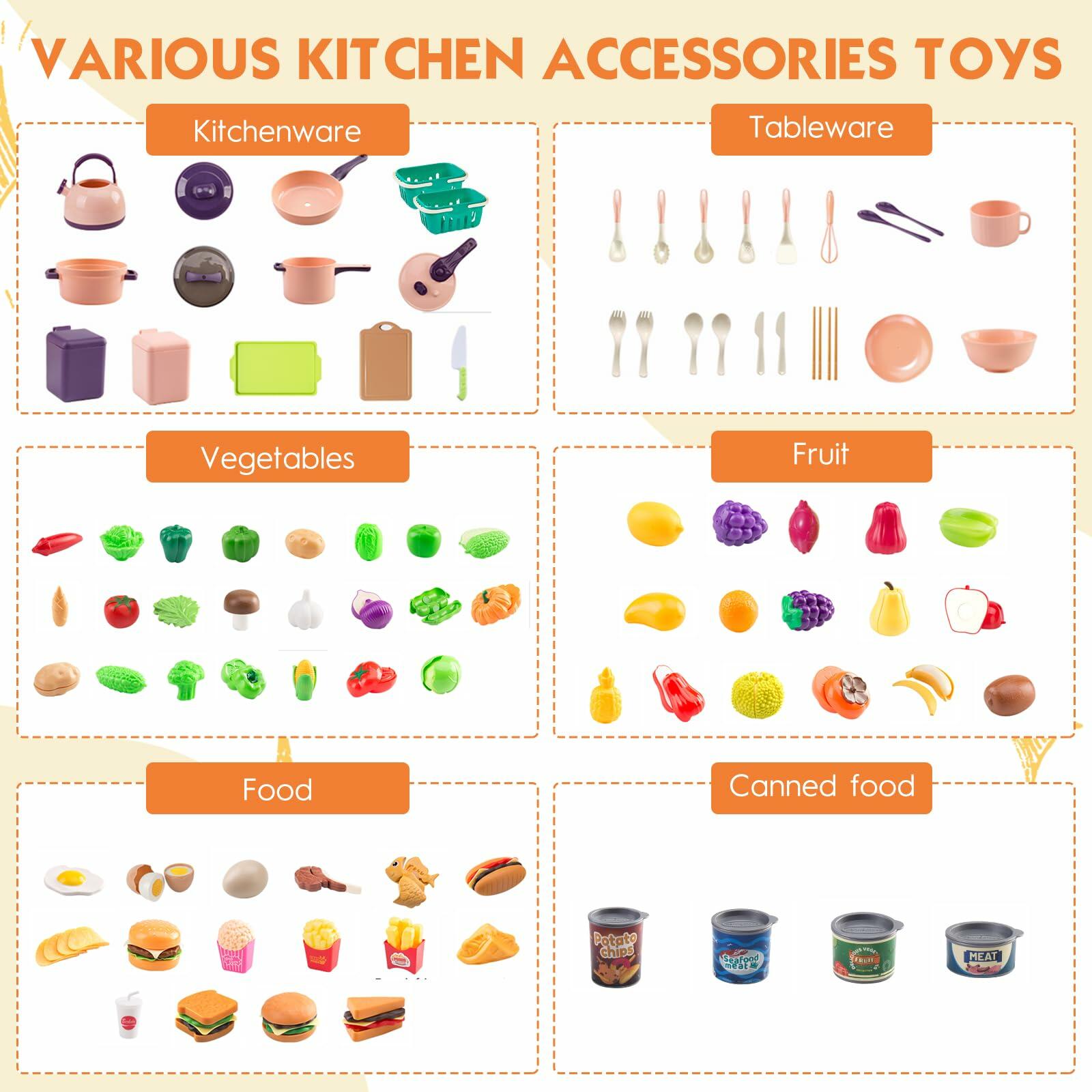 Bruvoalon 200Pcs Mini Play Kitchen Accessories Set Pink ABS Cookware Tableware