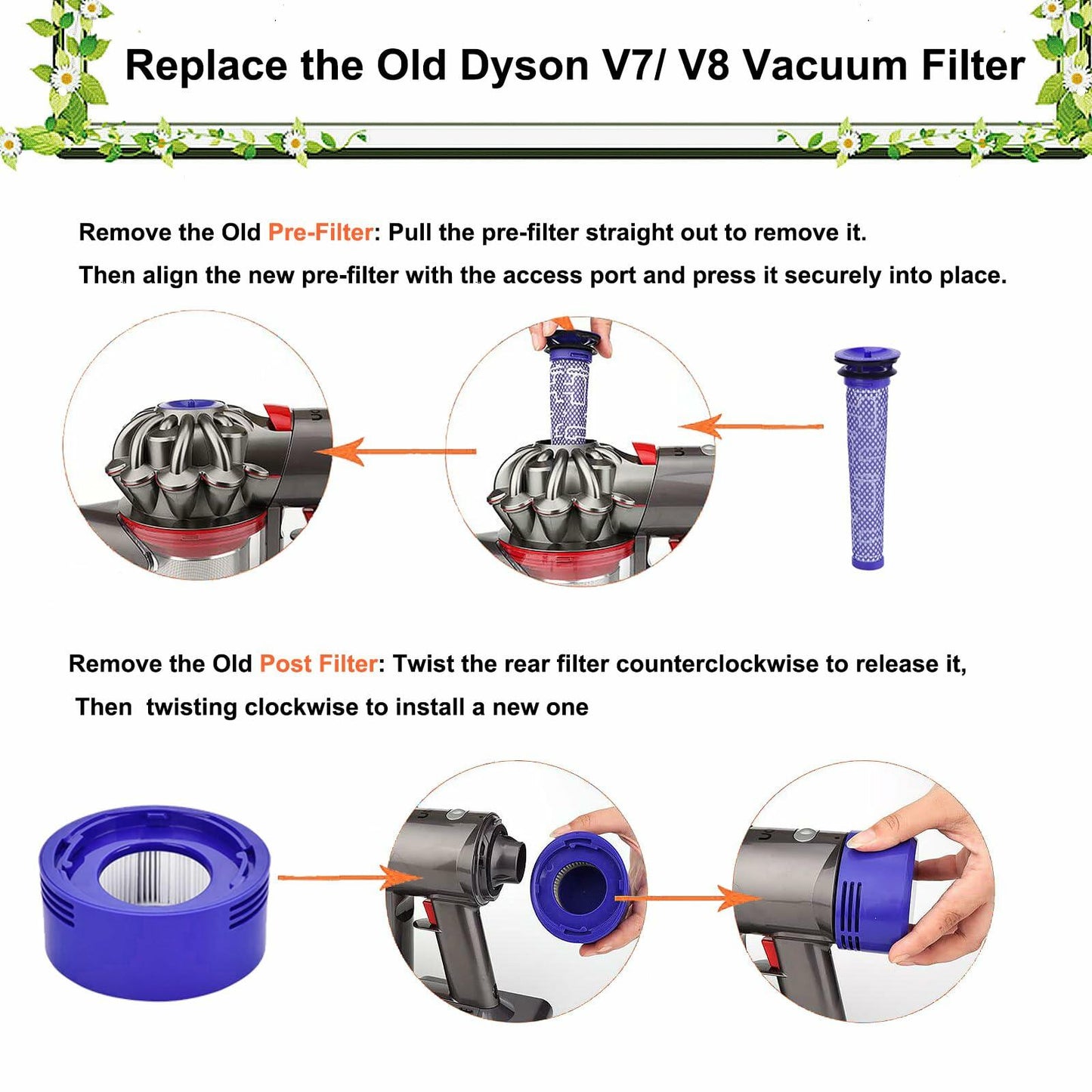 Pdoucgia Vacuum Filter 4 Pack (2 Pre + 2 Post) for Dyson V8 V7 Absolute