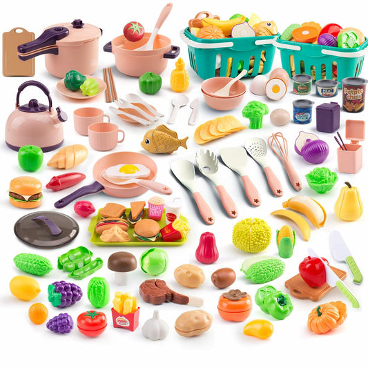 Bruvoalon 200Pcs Mini Play Kitchen Accessories Set Pink ABS Cookware Tableware
