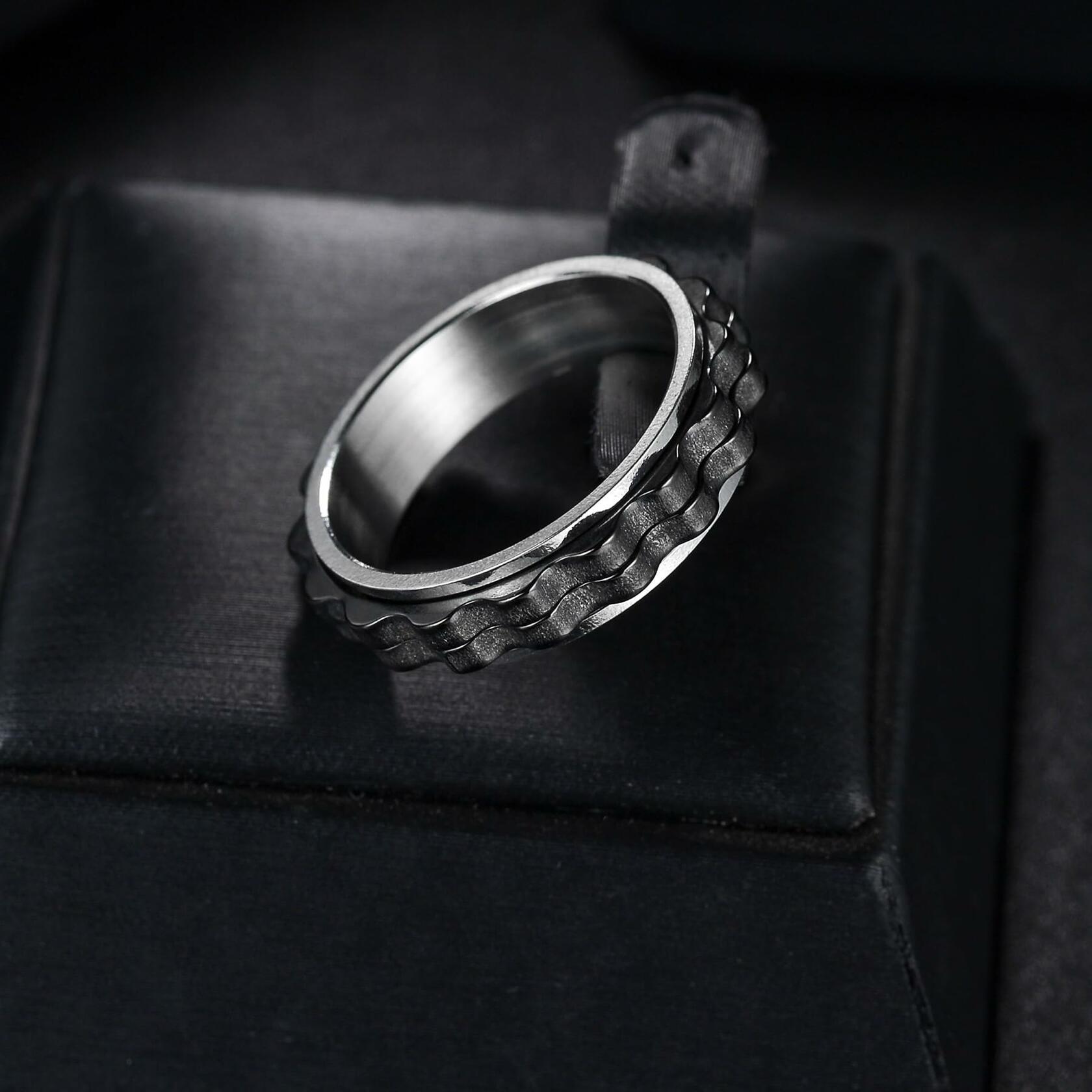 Udolfly Titanium Steel Womens Fidget Spinner Ring Silver Black Size 8