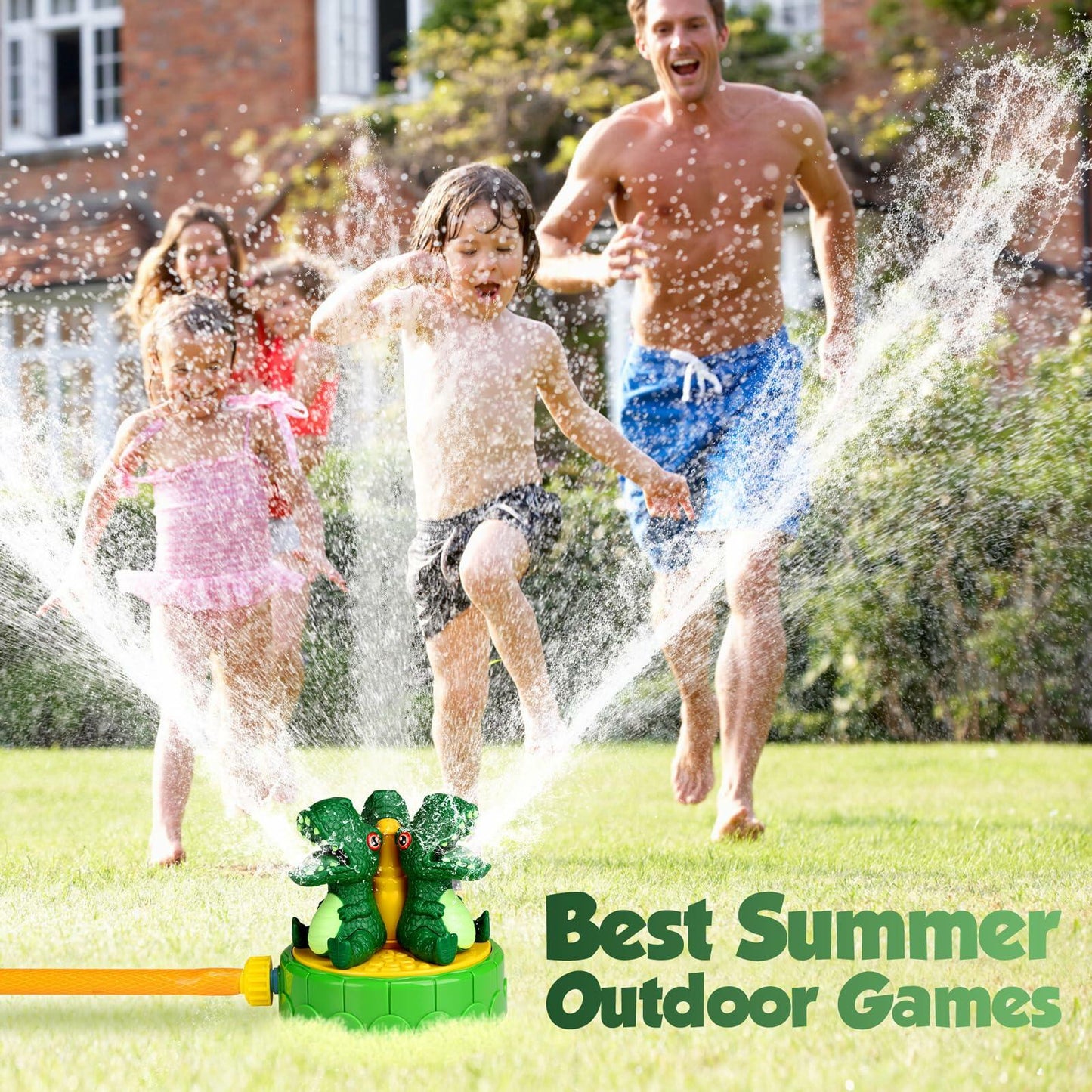 wodiguig Dinosaur Kids Water Sprinkler Green with Rotating Nozzles Hose