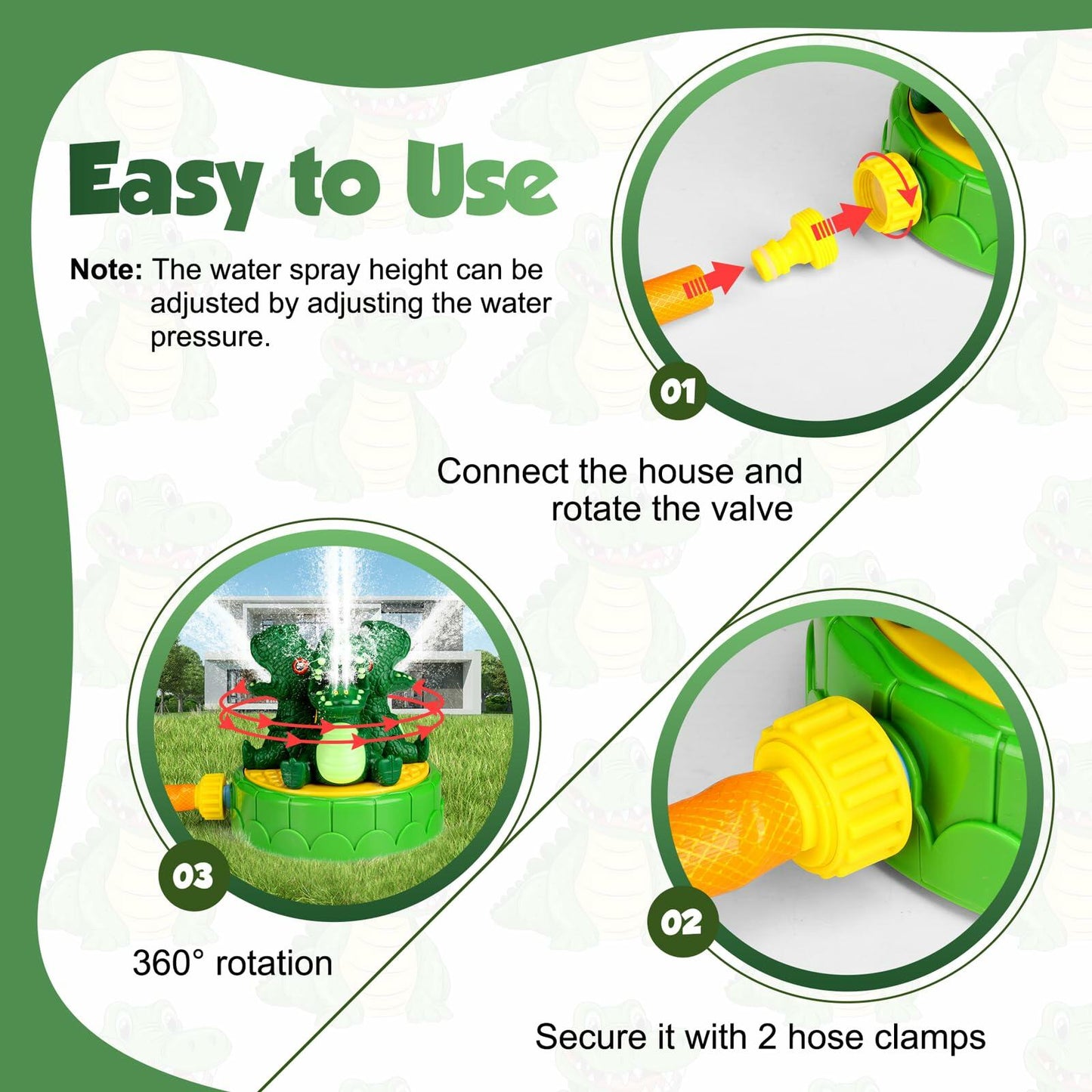 wodiguig Dinosaur Kids Water Sprinkler Green with Rotating Nozzles Hose