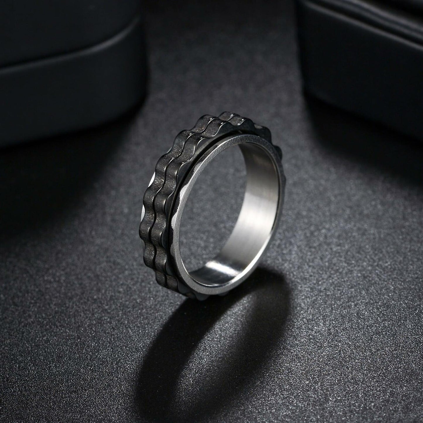 Udolfly Titanium Steel Womens Fidget Spinner Ring Silver Black Size 8