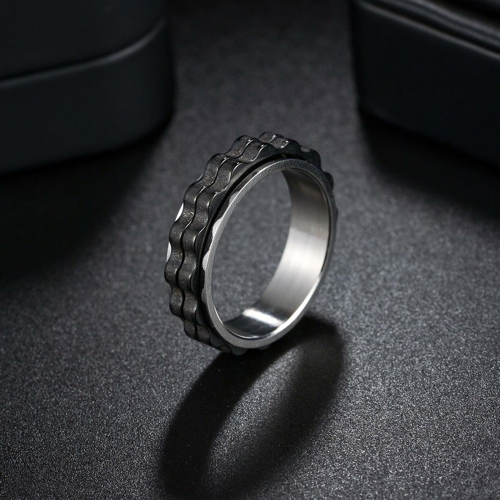 Udolfly Titanium Steel Womens Fidget Spinner Ring Silver Black Size 8