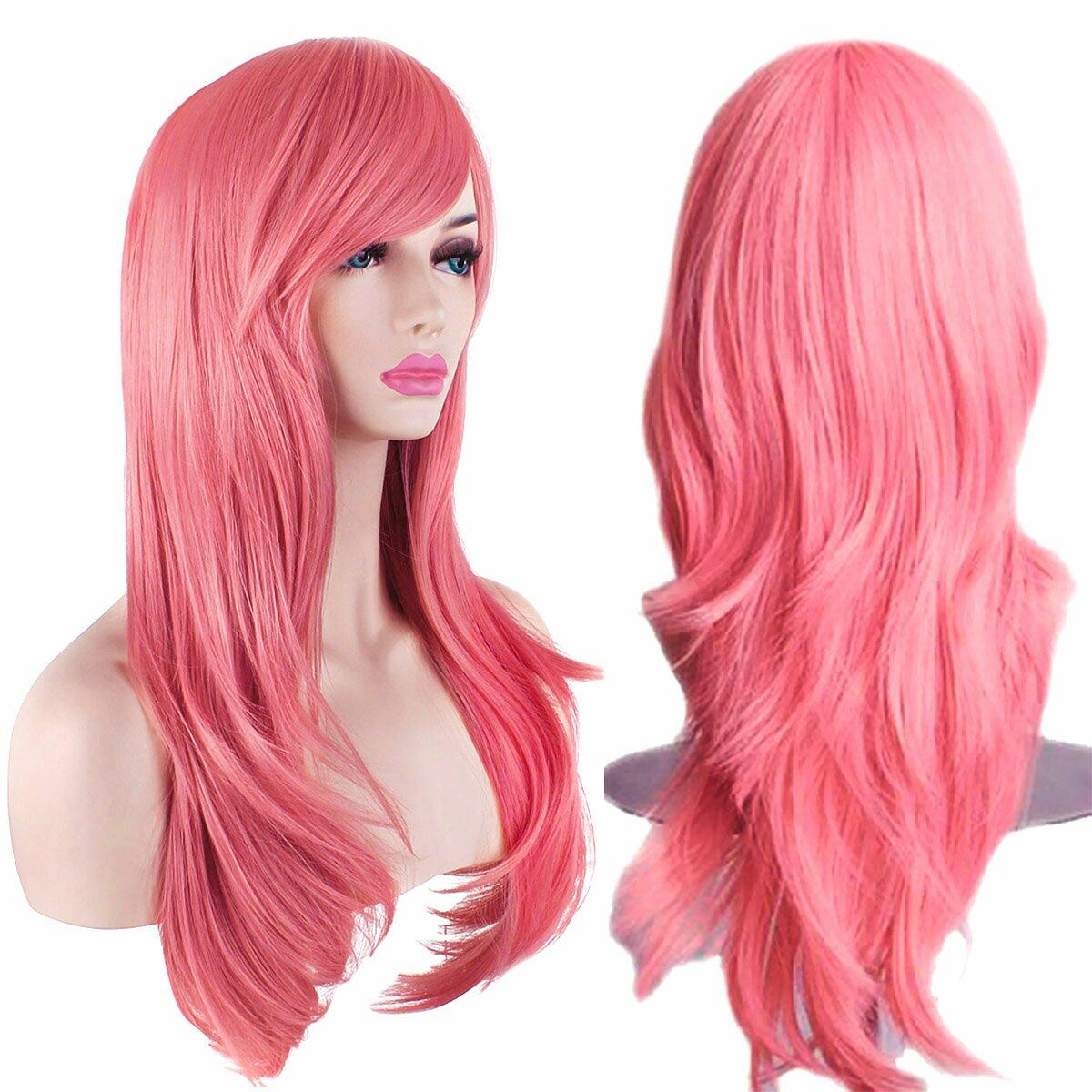 Akstore 28in Fashion Wigs Long Wavy Curly Hair Cosplay Wig Grey Pink