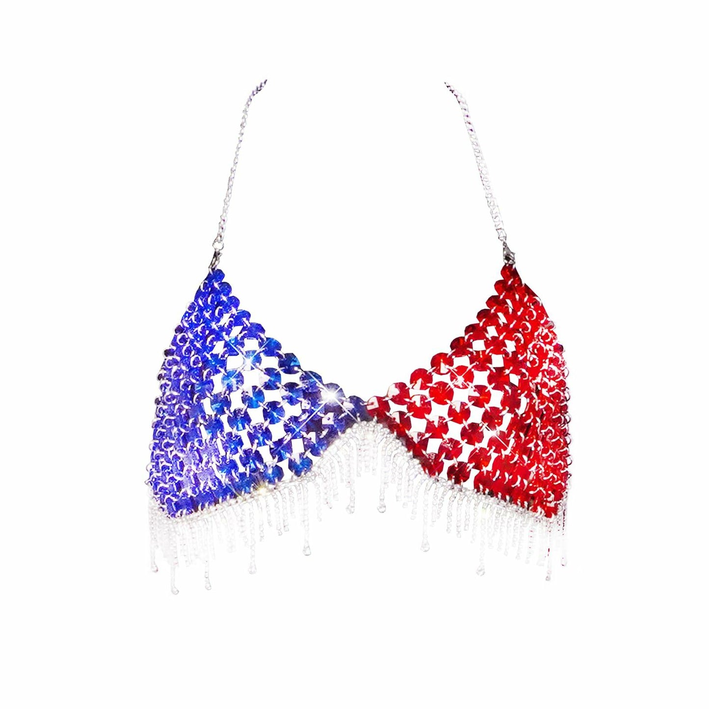 Qoinied Women Acrylic Halter Bikini Top Body Chain Vest Blue&Red