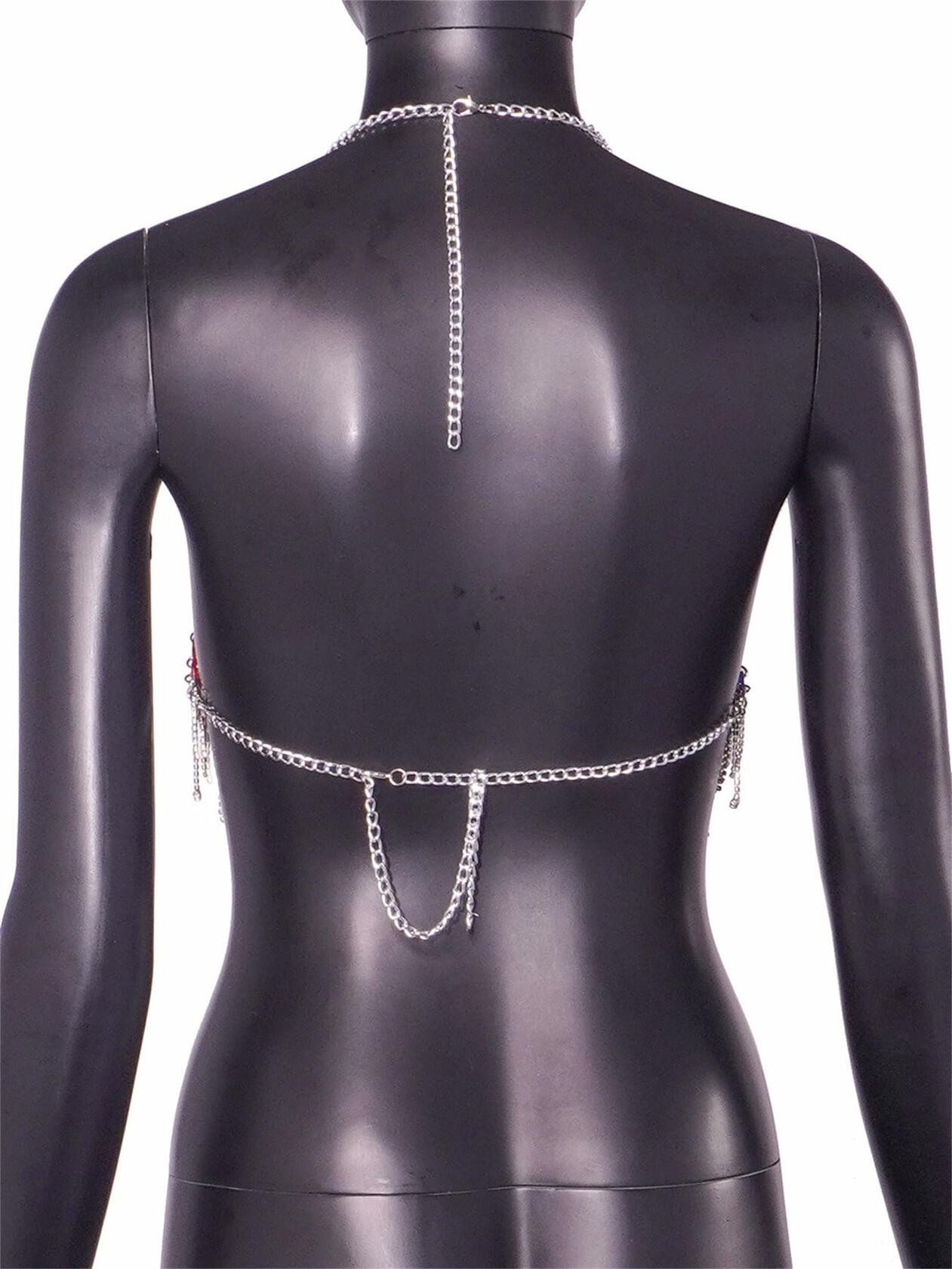 Qoinied Women Acrylic Halter Bikini Top Body Chain Vest Blue&Red