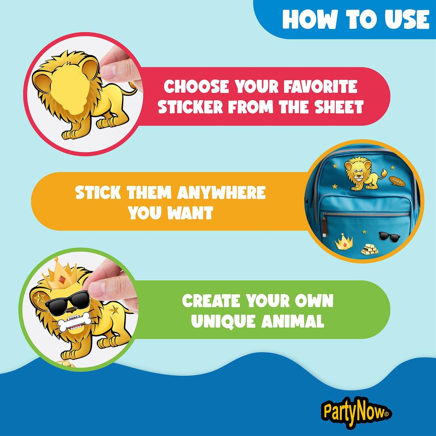 PartyNow Safari Animals Stickers 24-Pack Multicolor Waterproof Paper Kids