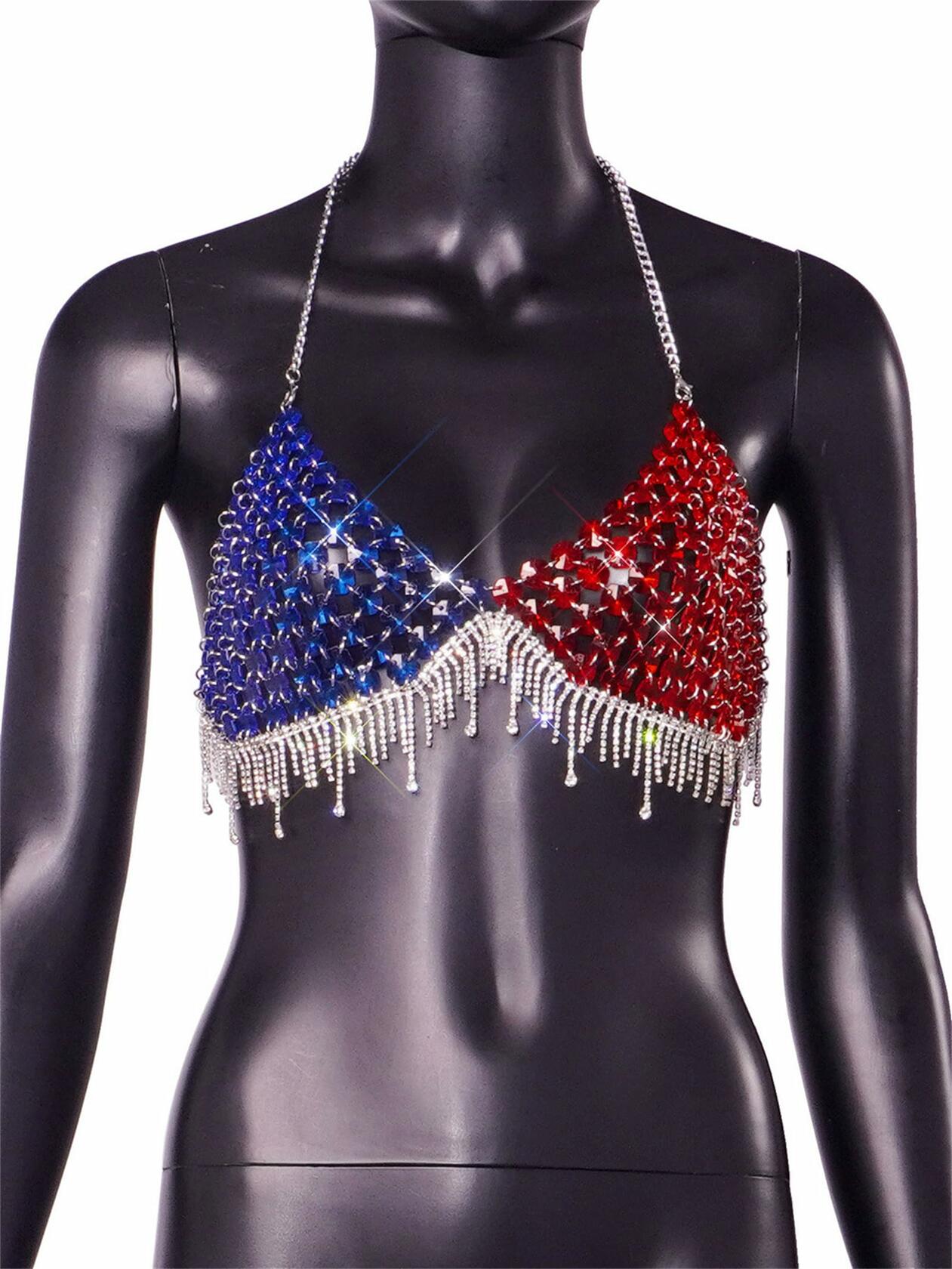 Qoinied Women Acrylic Halter Bikini Top Body Chain Vest Blue&Red