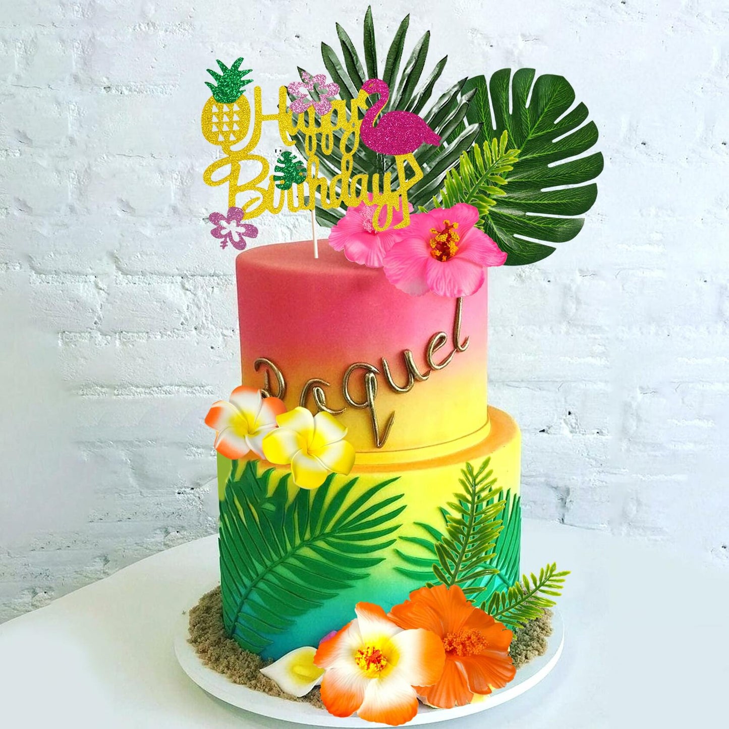 13pcs Hawaiian Flower Cake Toppers Palm Leaves Hibiscus Party Decor