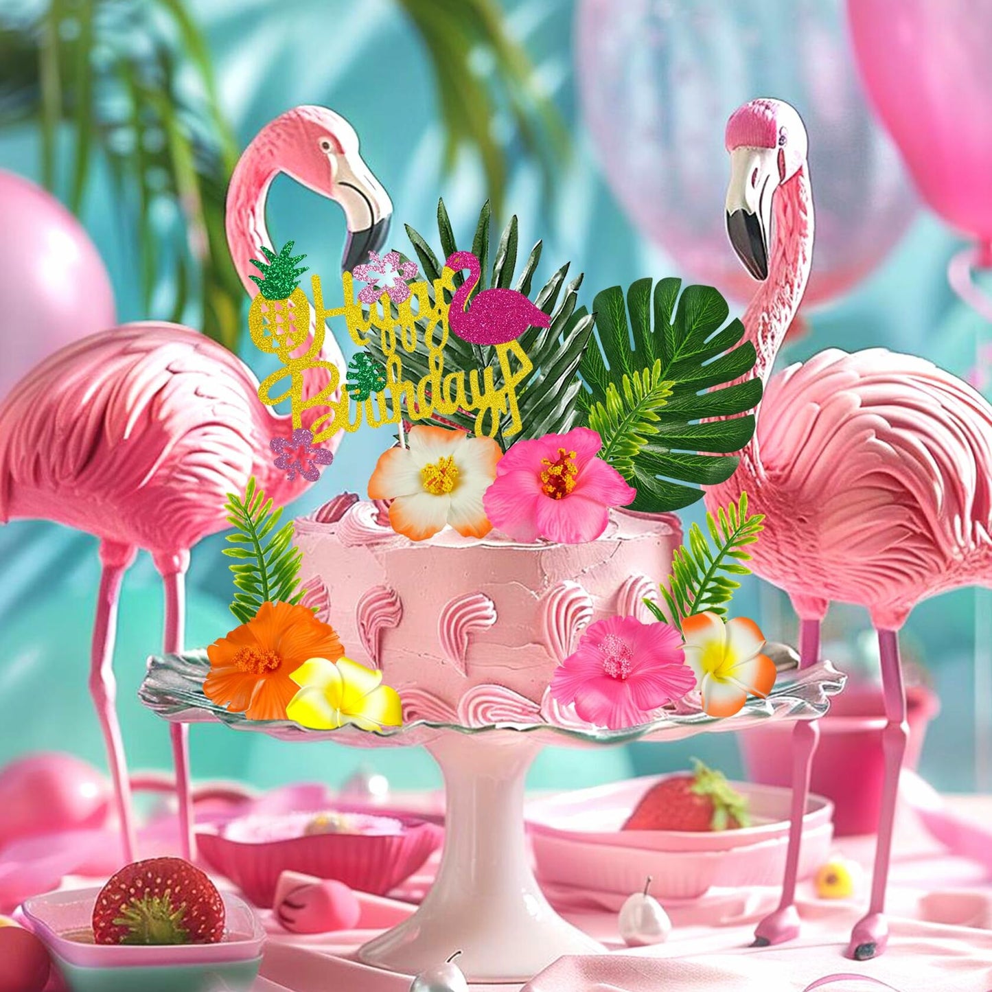 13pcs Hawaiian Flower Cake Toppers Palm Leaves Hibiscus Party Decor