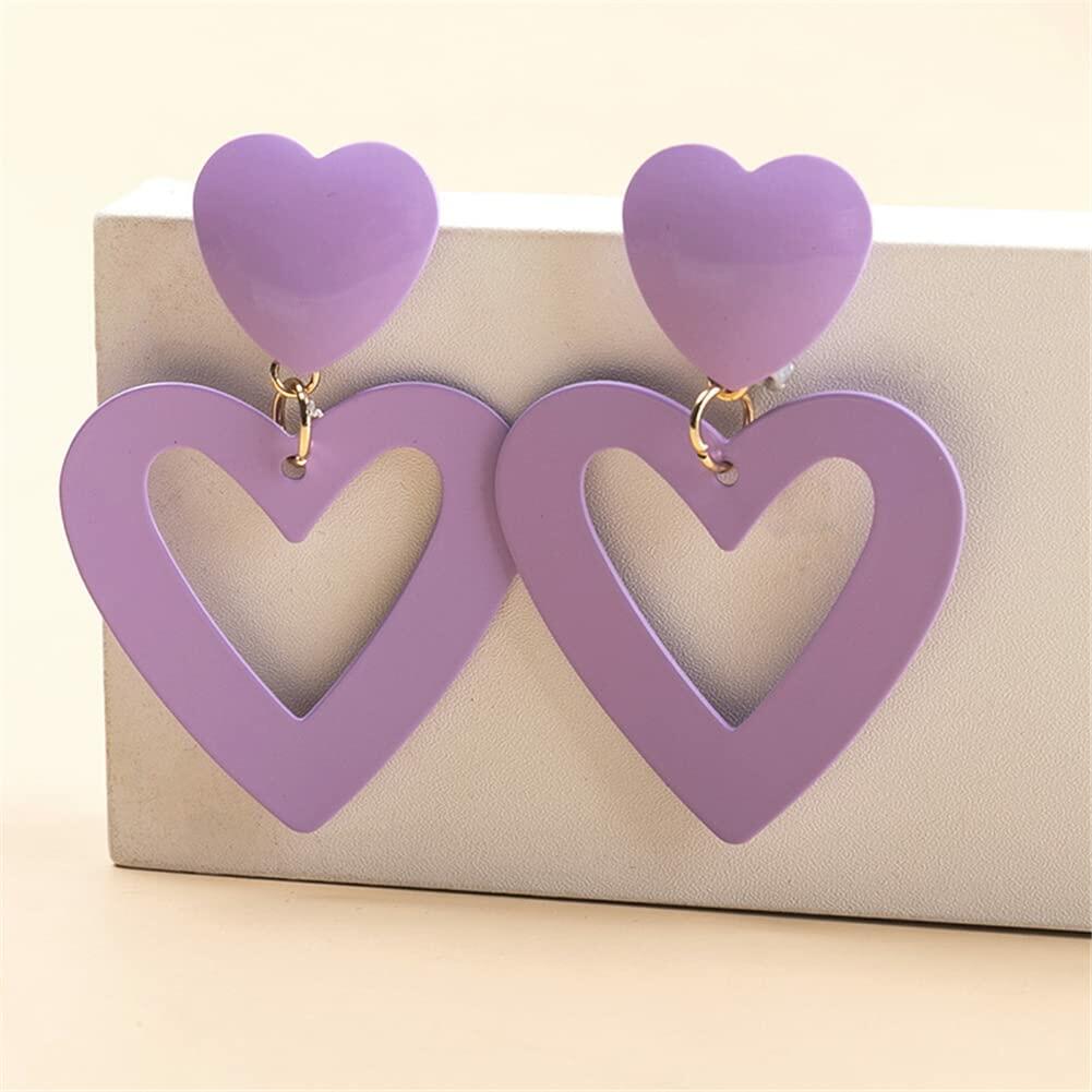 CBLUED Double Hearts Drop Earrings Purple Amethyst Dangle Jewelry
