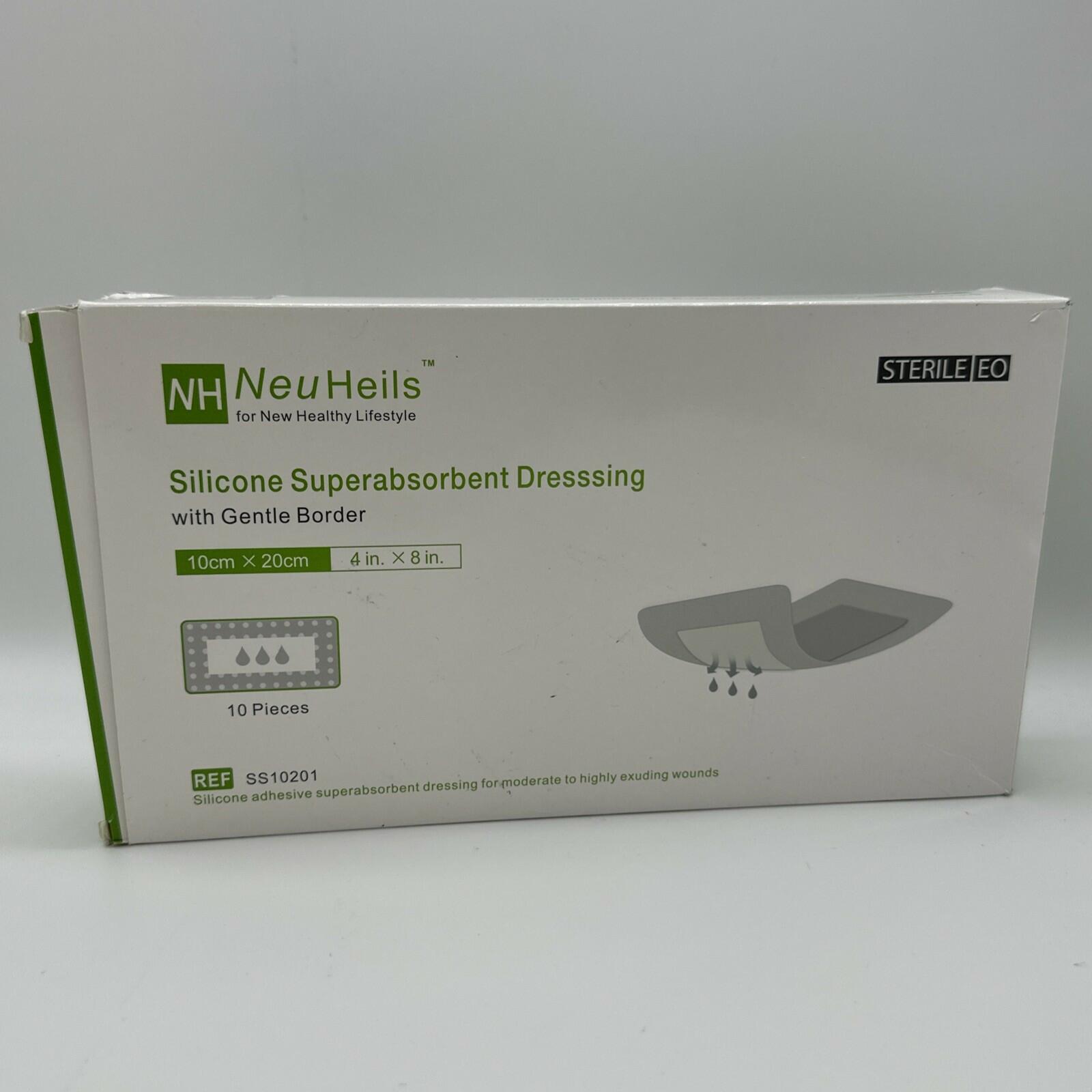 BestBy09/28 NeuHeils Silicone Super Absorbent Wound Dressing 4x8 Beige 10 Pack