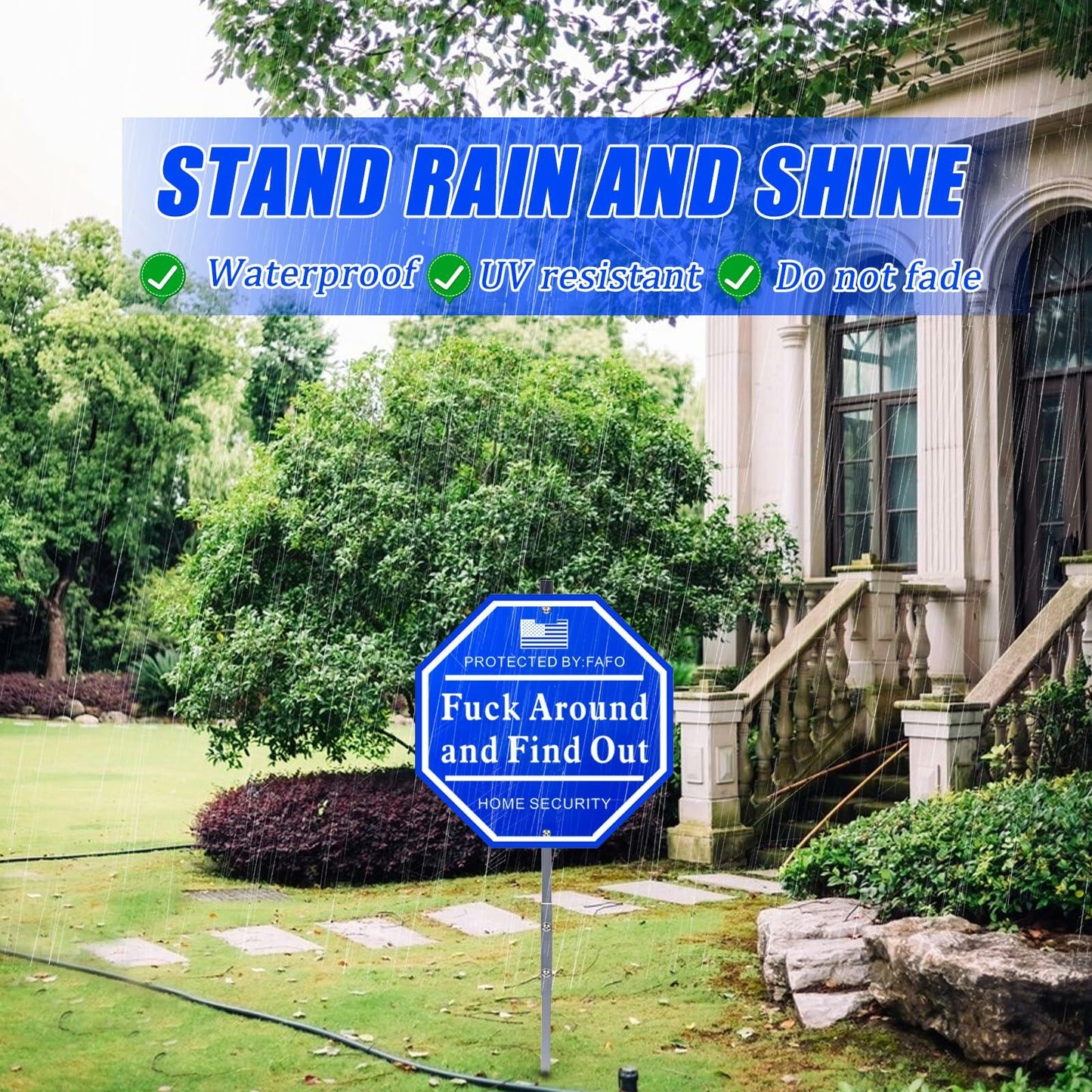 Shawgge FAFO Security Yard Sign with Stake Blue Metal Property Decor