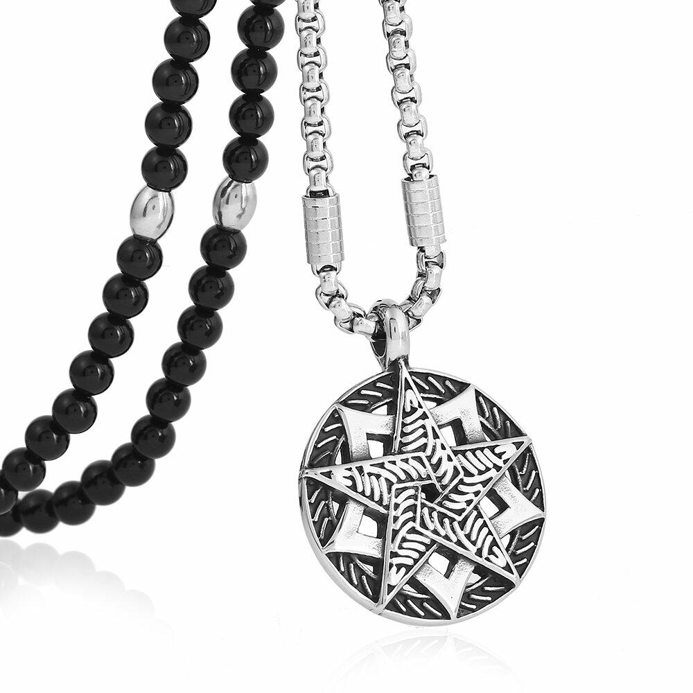 BLEUM CADE Black Agate Stone Necklace Double Pentagram Pendant