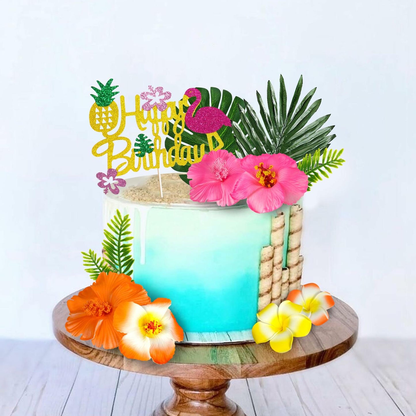 13pcs Hawaiian Flower Cake Toppers Palm Leaves Hibiscus Party Decor