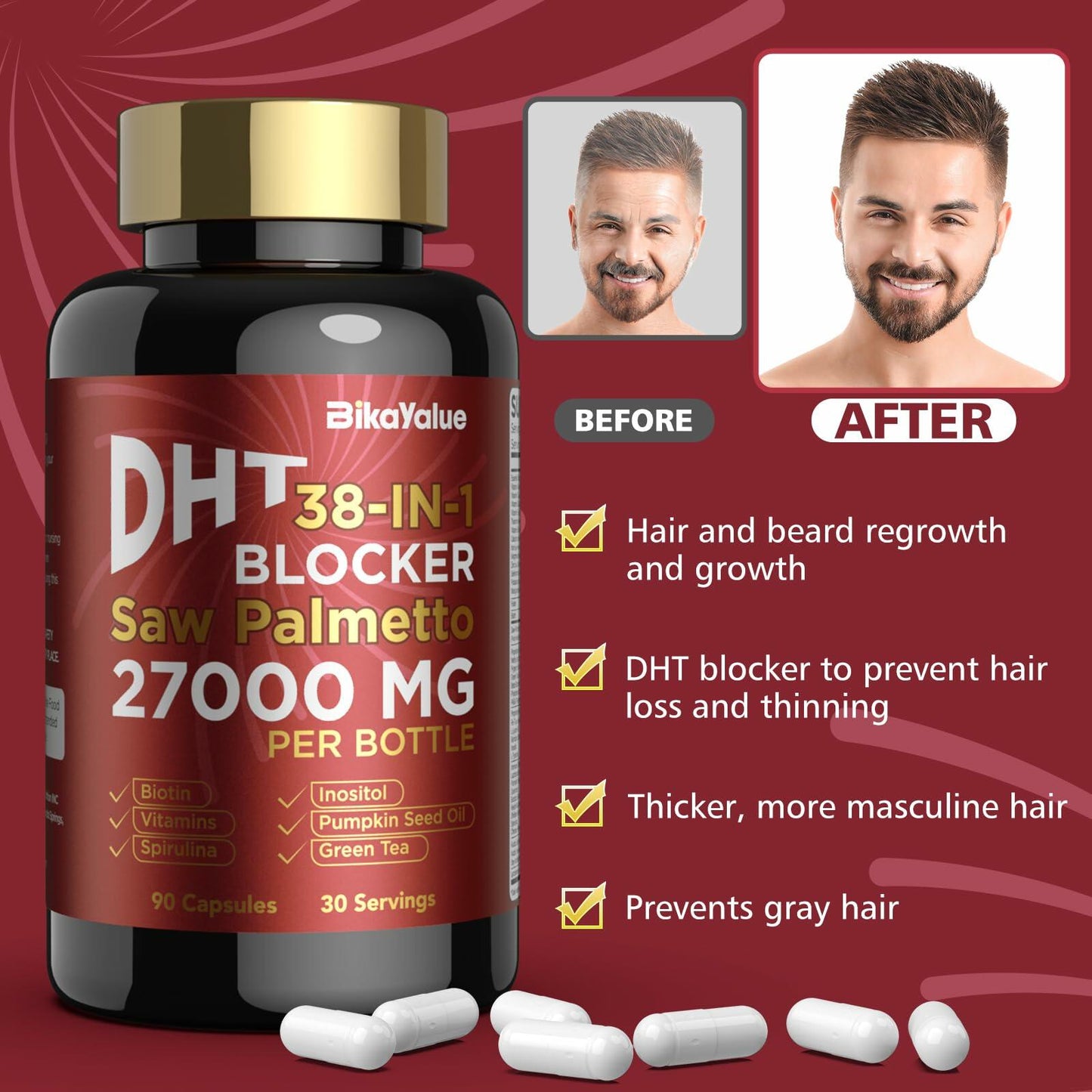 Bestby 1/27 BIKAYALUE Saw Palmetto Capsules for Men DHT Blocker 30 Servings