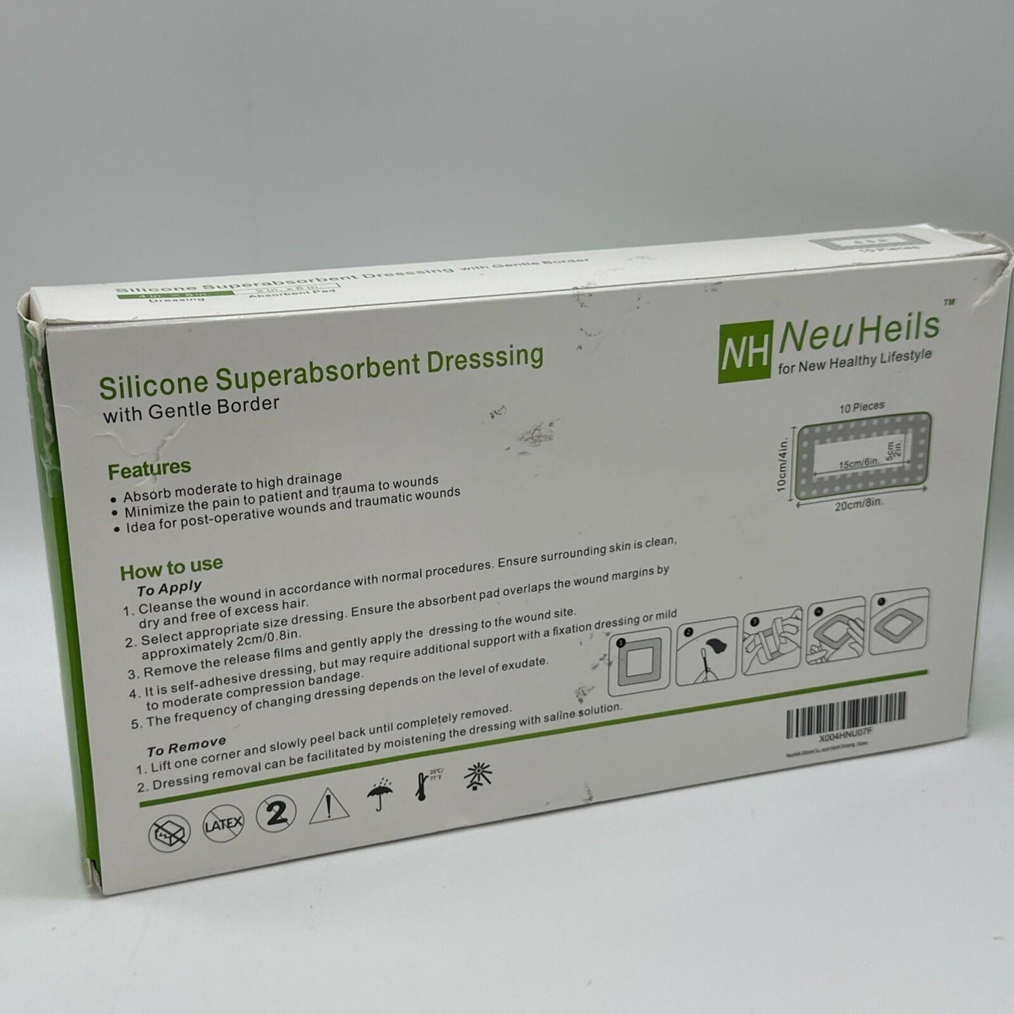 BestBy09/28 NeuHeils Silicone Super Absorbent Wound Dressing 4x8 Beige 10 Pack