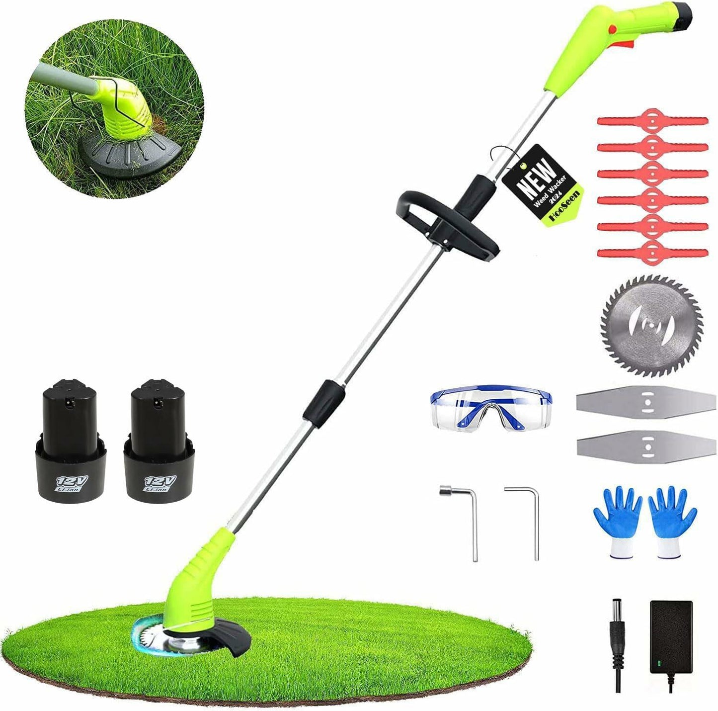 HooSeen Cordless Weed Wacker Grass Trimmer 12V 2x2.0Ah Batteries 3 Blades Green