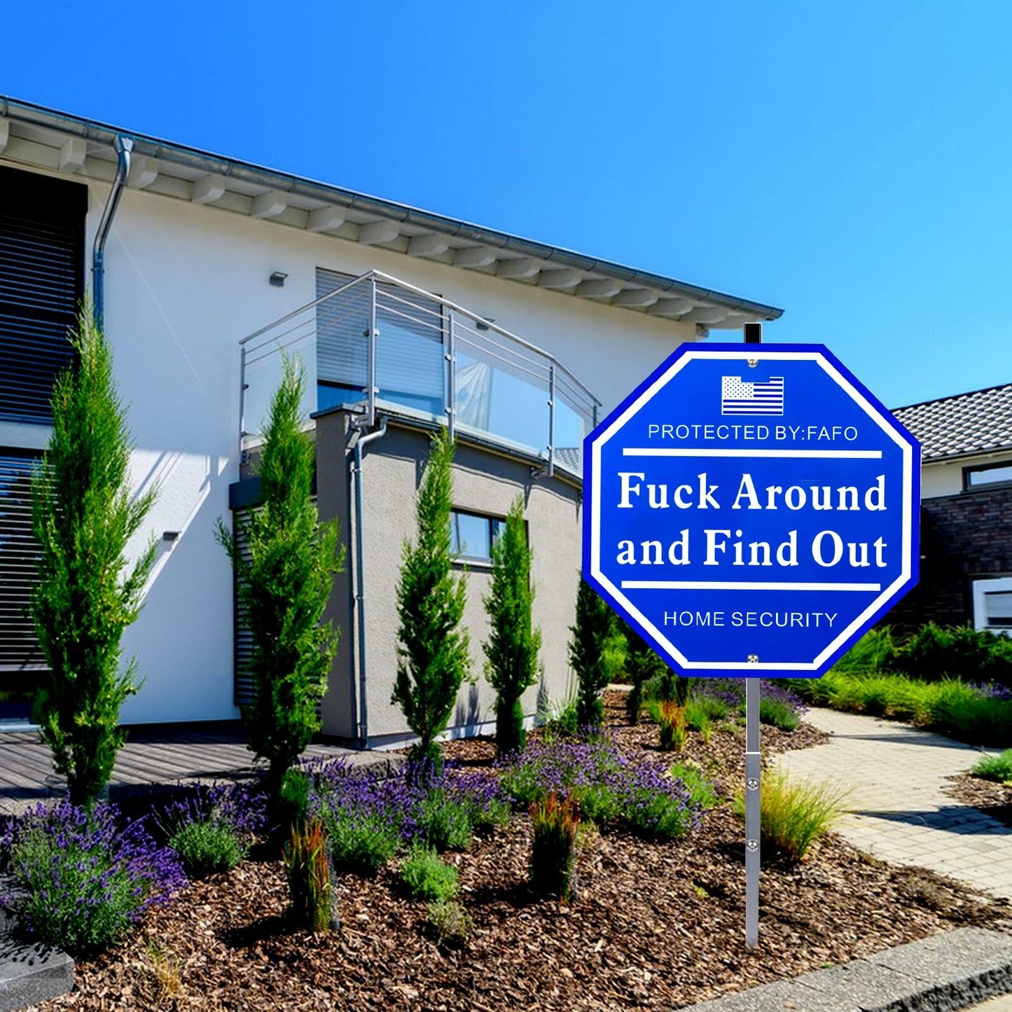 Shawgge FAFO Security Yard Sign with Stake Blue Metal Property Decor