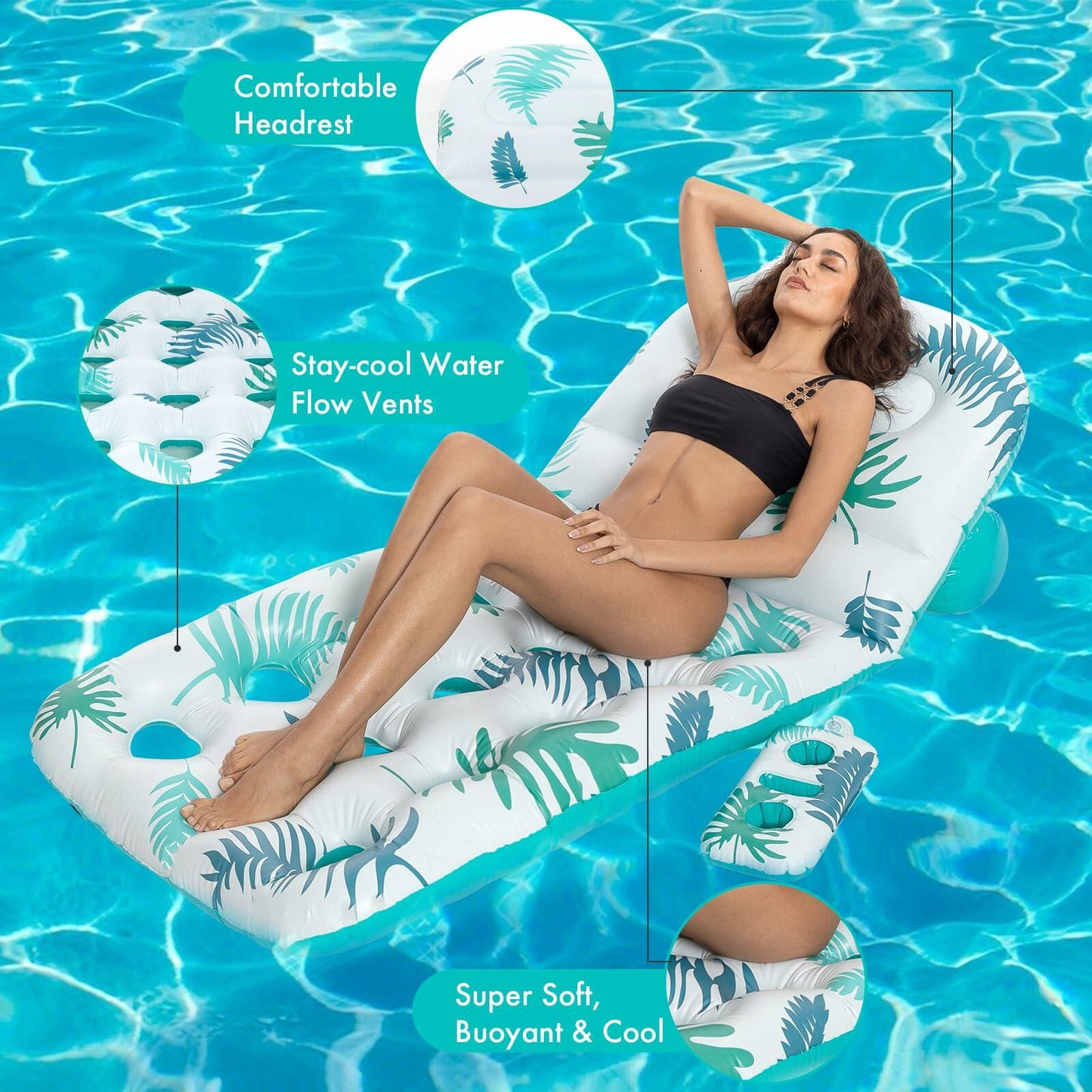 JAZGROM Pool Floats Adult Inflatable Lounger Blue Adjustable Backrest Cup Holder