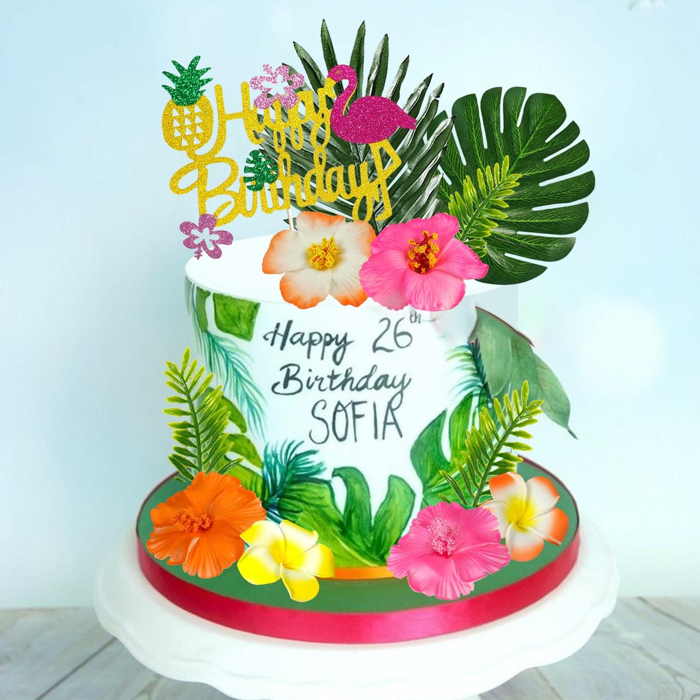 13pcs Hawaiian Flower Cake Toppers Palm Leaves Hibiscus Party Decor