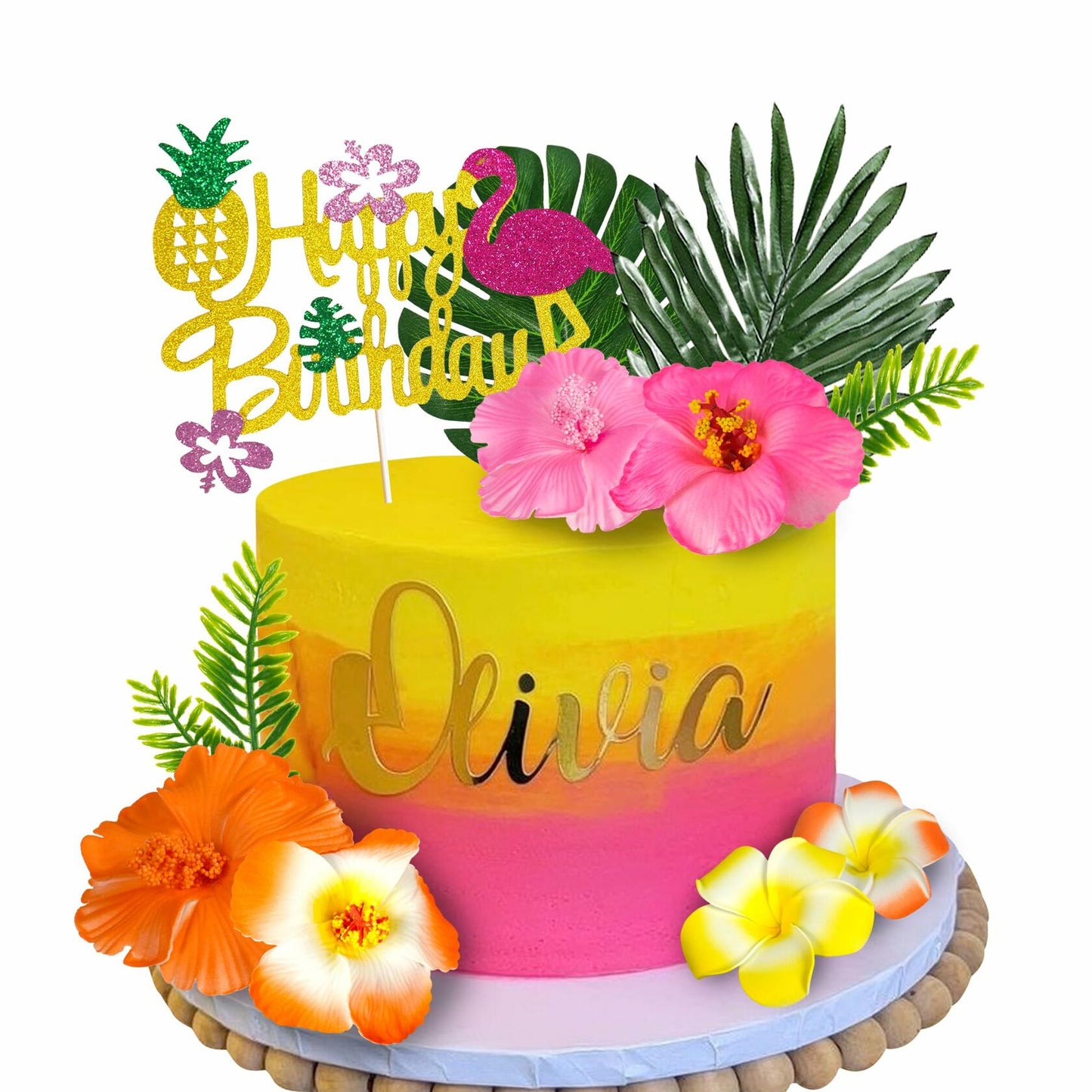 13pcs Hawaiian Flower Cake Toppers Palm Leaves Hibiscus Party Decor