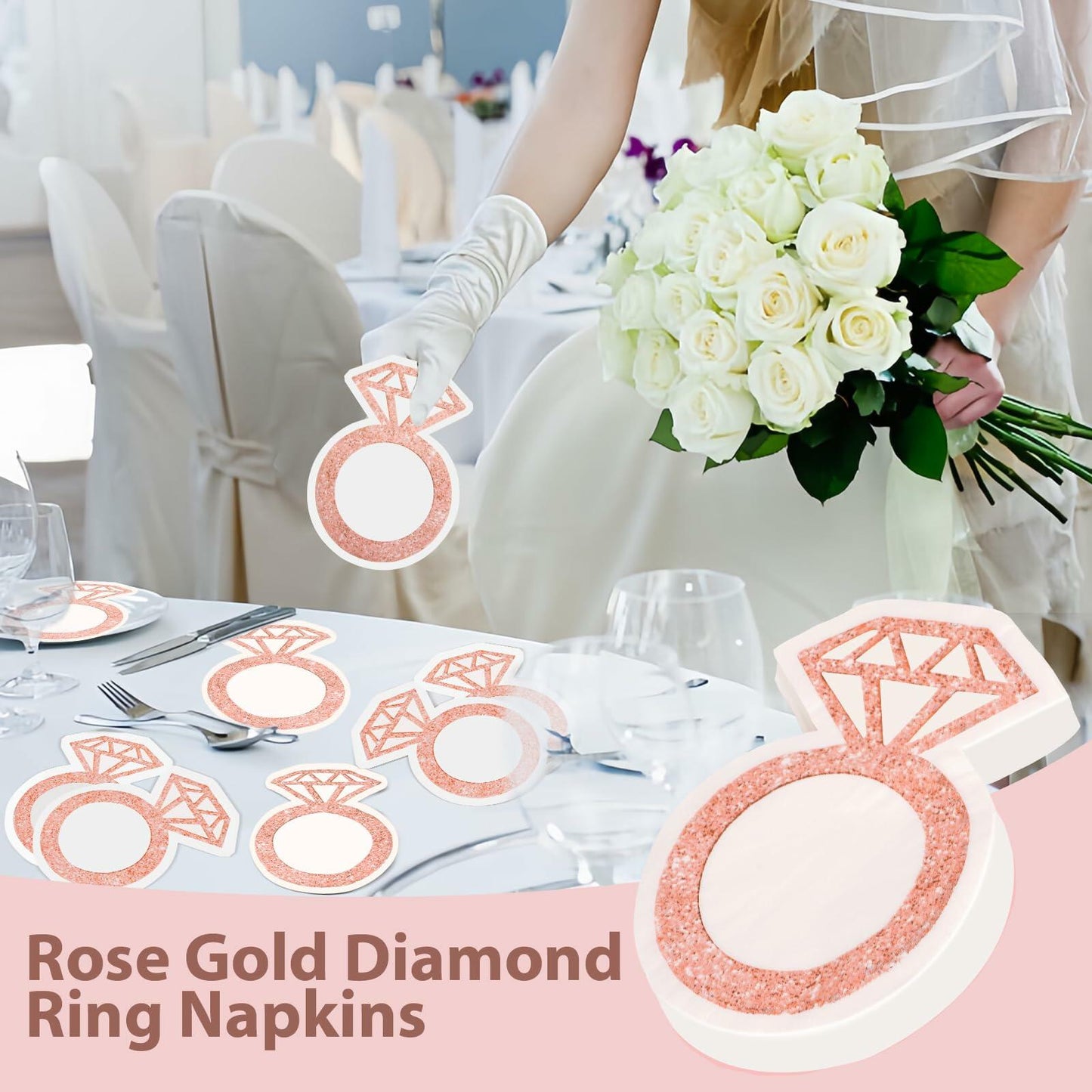 AYINOBY 50 Pcs Glitter Rose Gold Diamond Ring Paper Napkins Pink Wedding