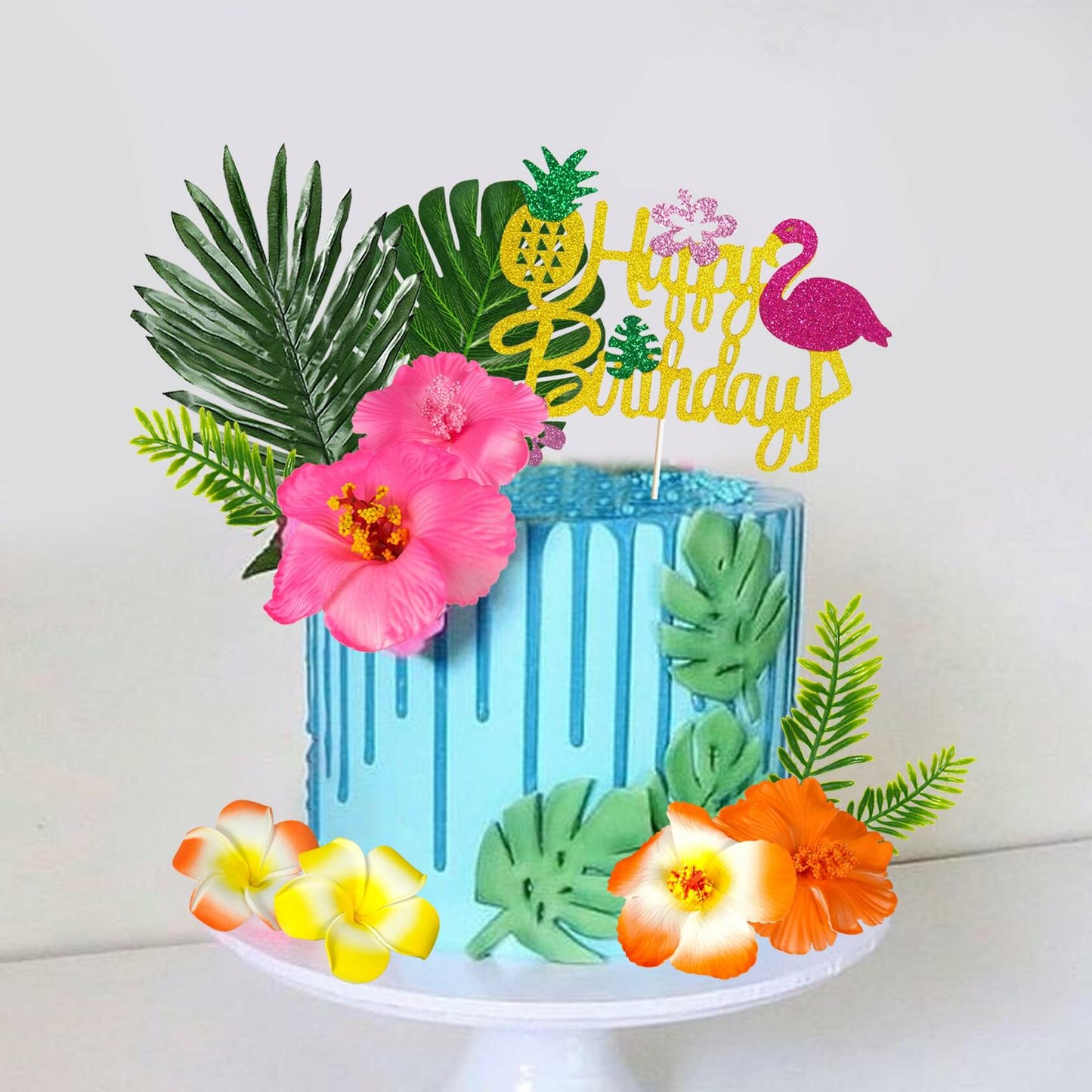 13pcs Hawaiian Flower Cake Toppers Palm Leaves Hibiscus Party Decor