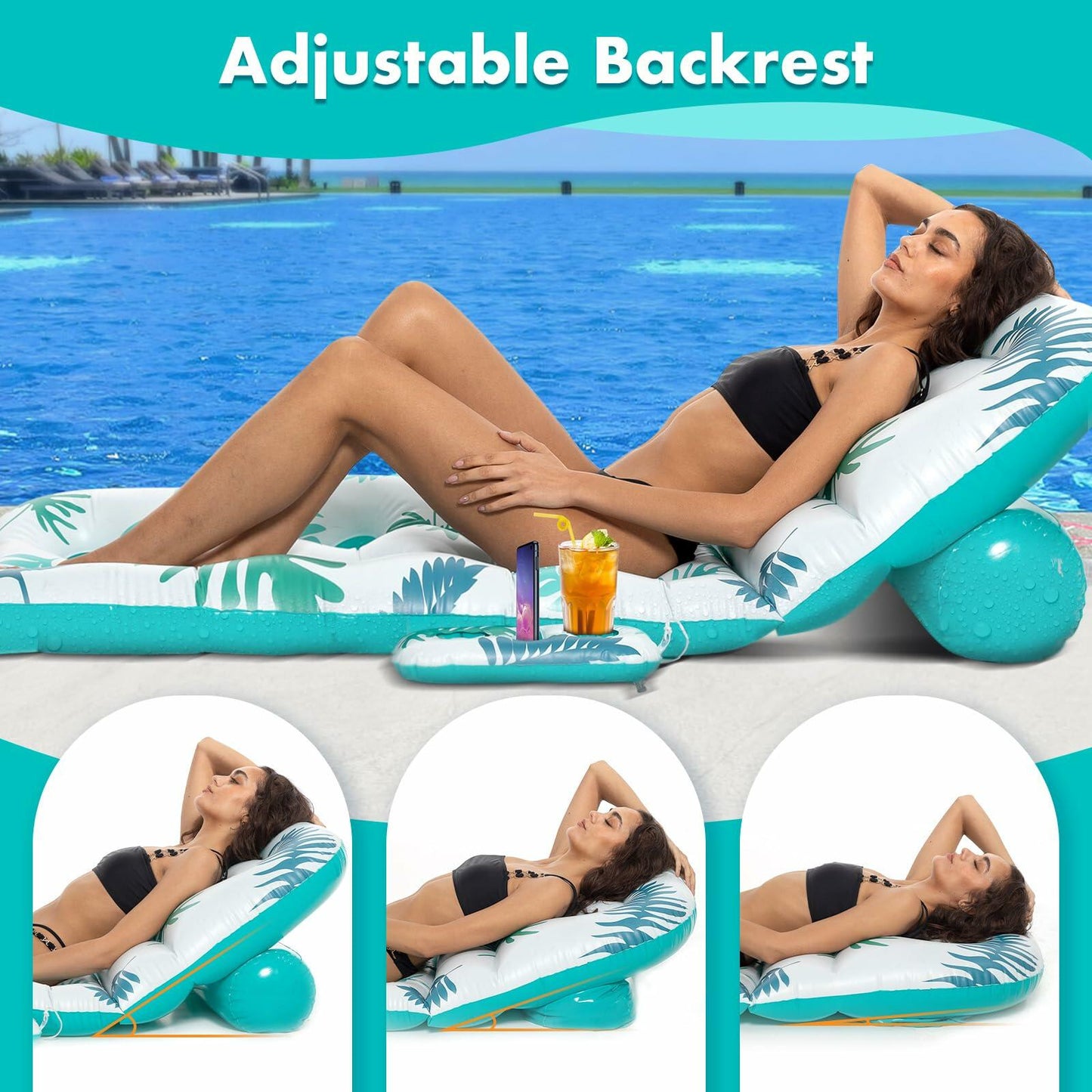 JAZGROM Pool Floats Adult Inflatable Lounger Blue Adjustable Backrest Cup Holder