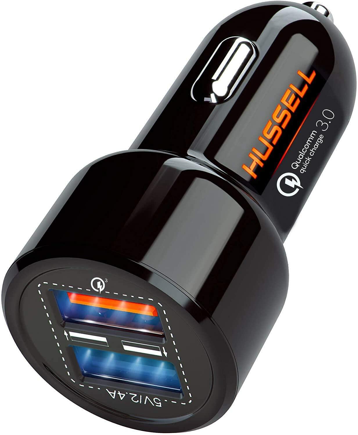 HUSSELL Car Charger Adapter 3.0 Fast Charge Dual USB Ports Black