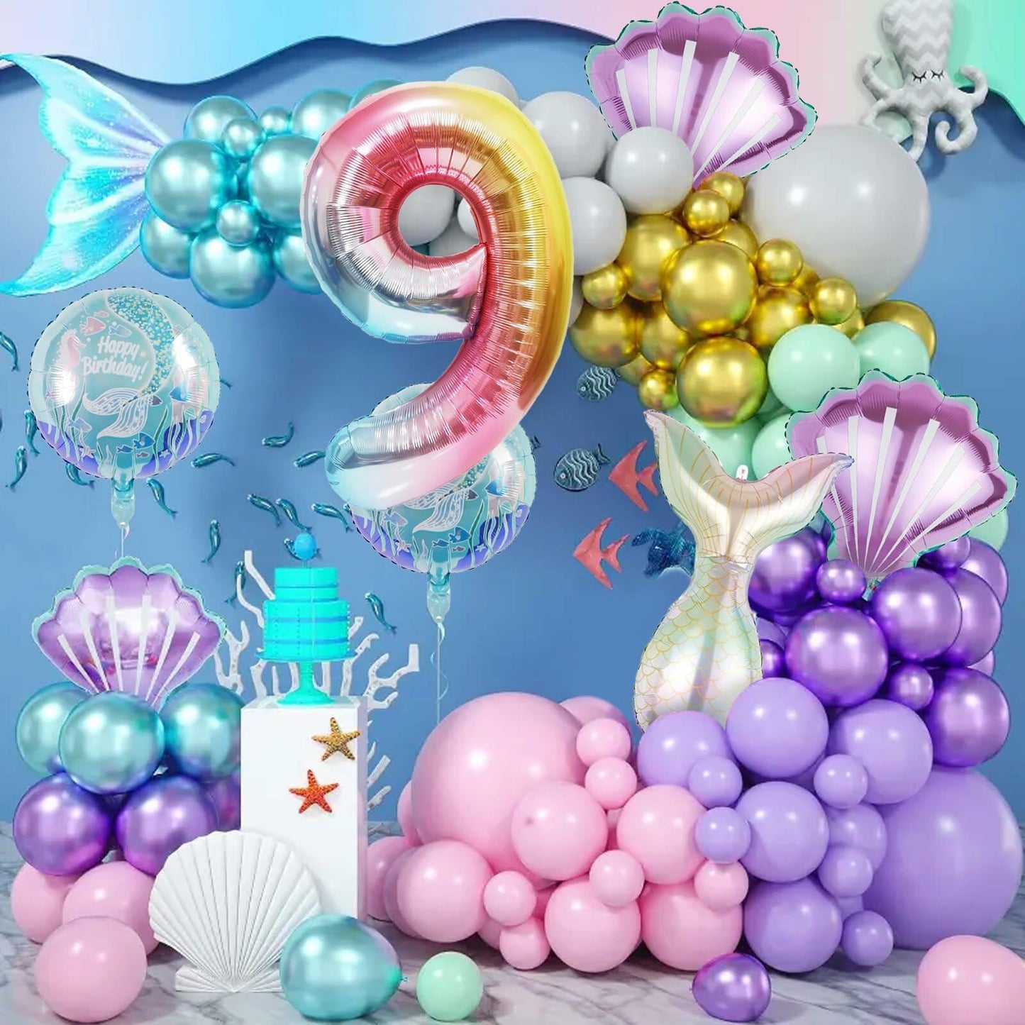 SINBEE Mermaid Foil Number Balloon 40in #9 Birthday Decoration Girls