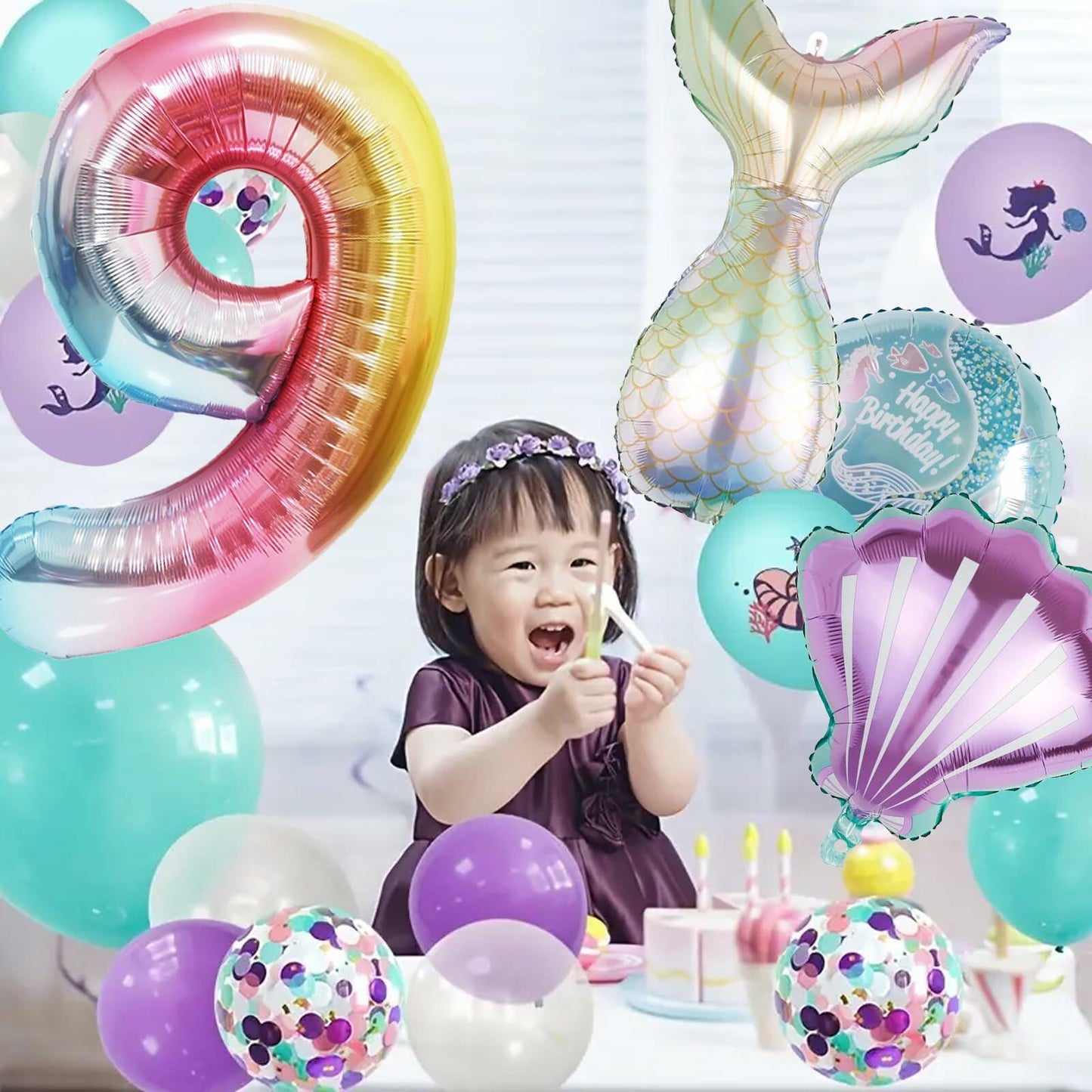 SINBEE Mermaid Foil Number Balloon 40in #9 Birthday Decoration Girls