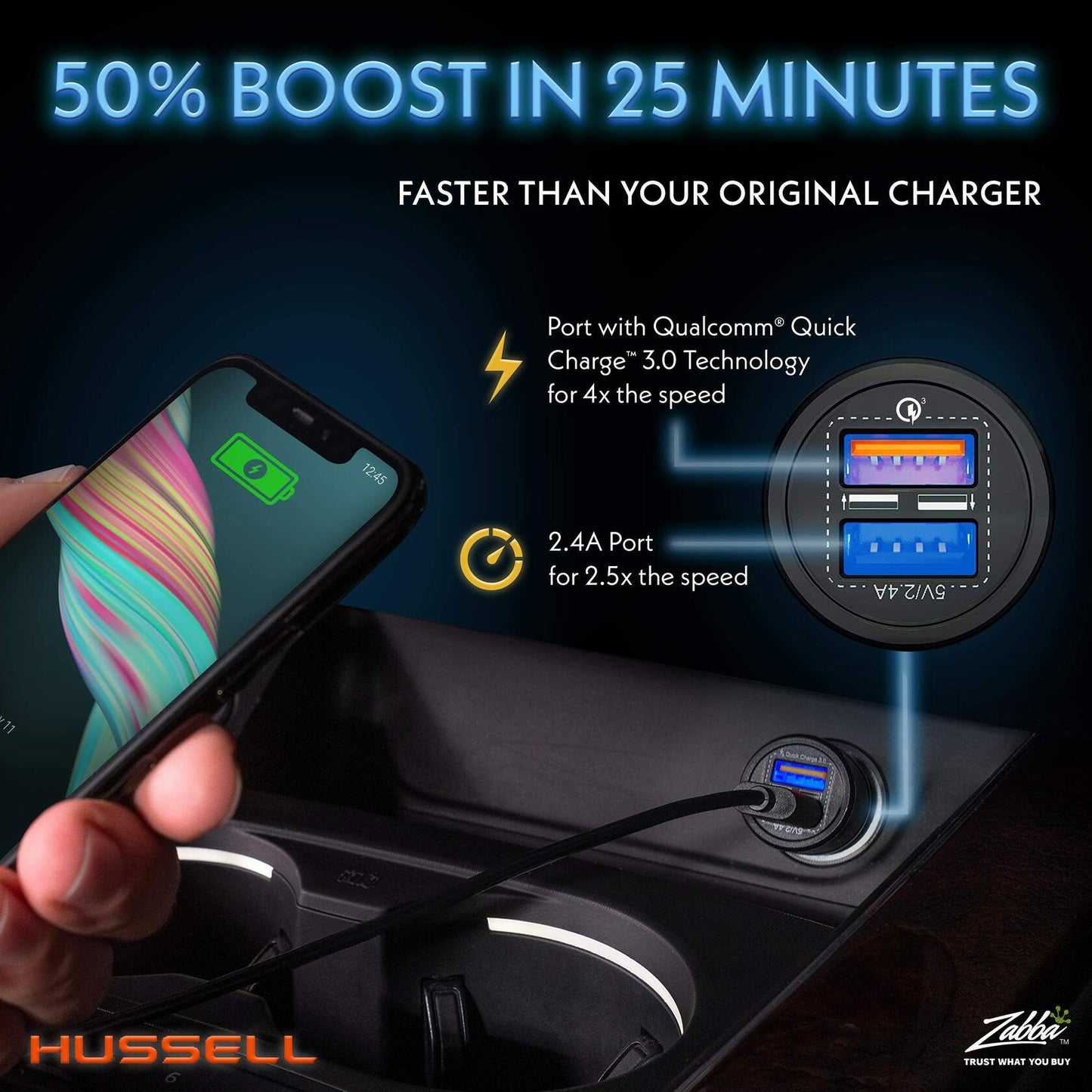HUSSELL Car Charger Adapter 3.0 Fast Charge Dual USB Ports Black