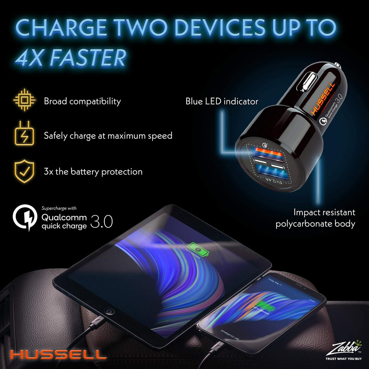 HUSSELL Car Charger Adapter 3.0 Fast Charge Dual USB Ports Black