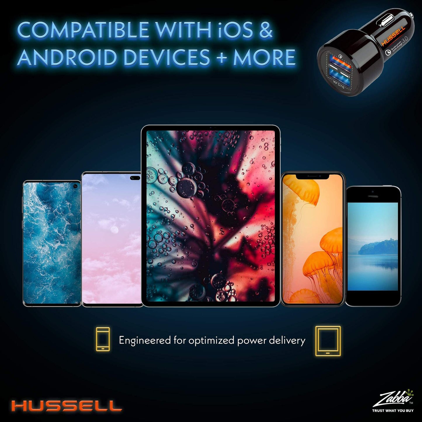 HUSSELL Car Charger Adapter 3.0 Fast Charge Dual USB Ports Black