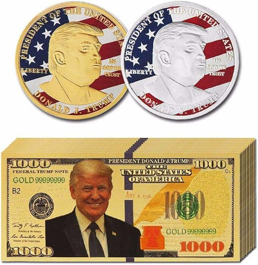 Donald Trump 2018 Gold Foil $1000 Bill 10pcs + 24k Gold Coins 2pcs Gold/Silver