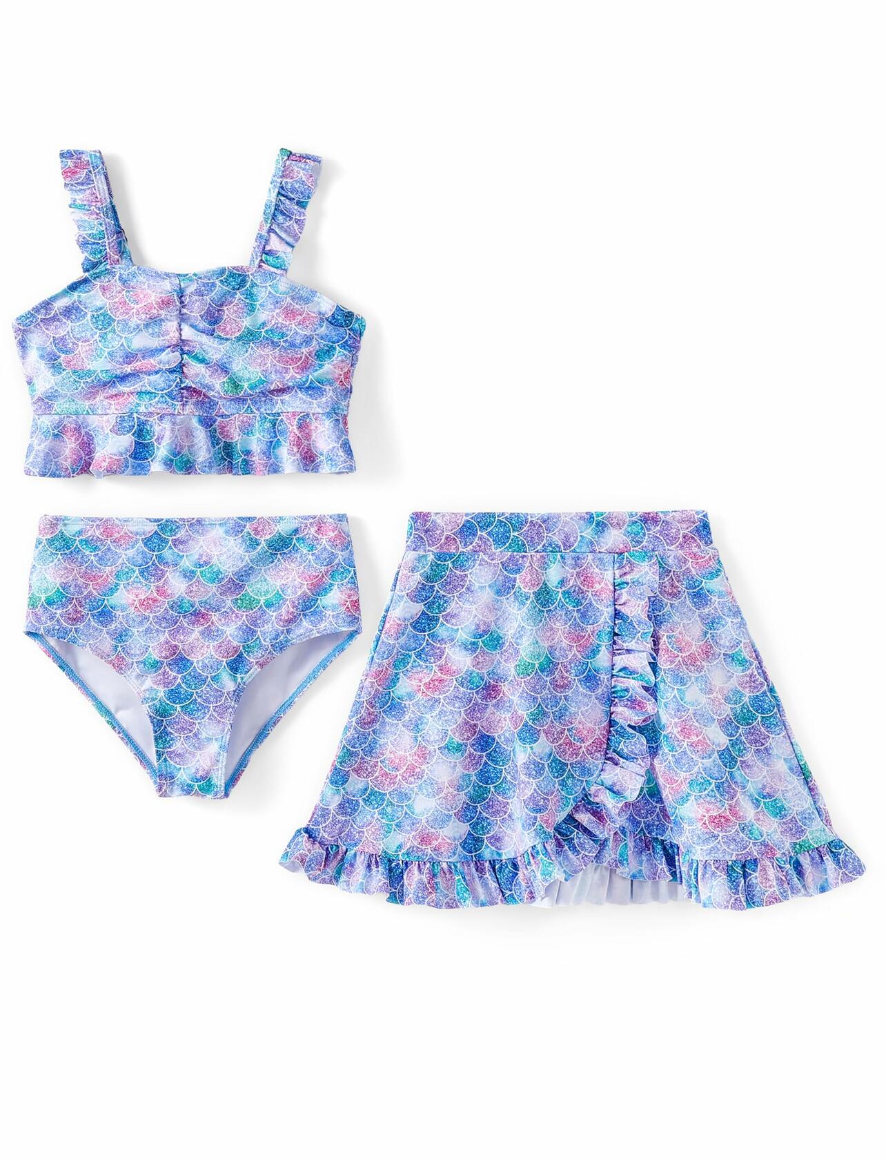 PATPAT Girls 3pc Ruffle Bikini Set Floral Skirt Bluegreen Size 10-11Y