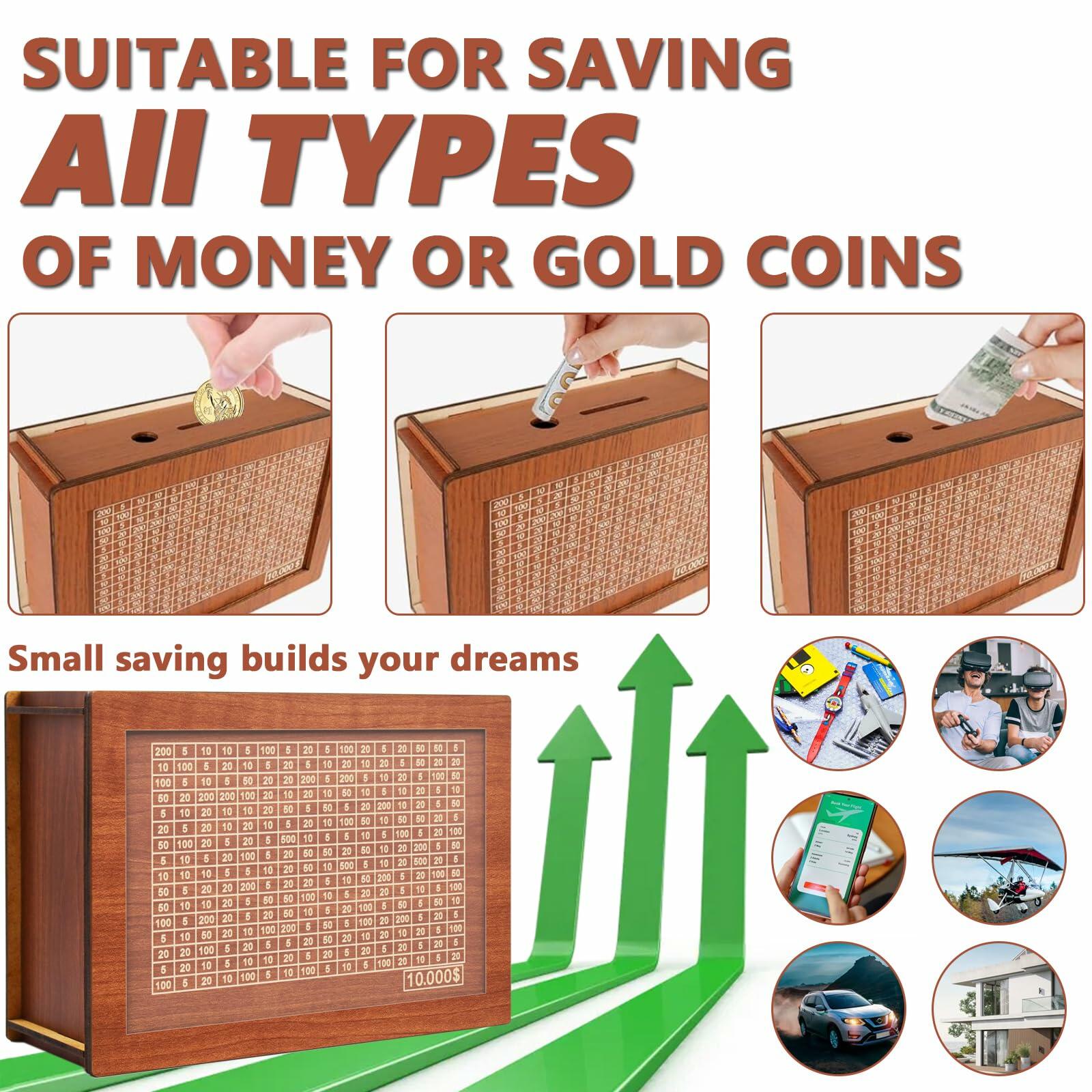 YOSICHY Cash Vault Wooden Savings Box with Money Target & Numbers Retro