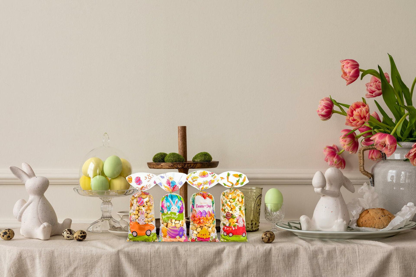 ABTOLS 100PCS Easter Cellophane Treat Bags Colorful Plastic Bunny 7x10in