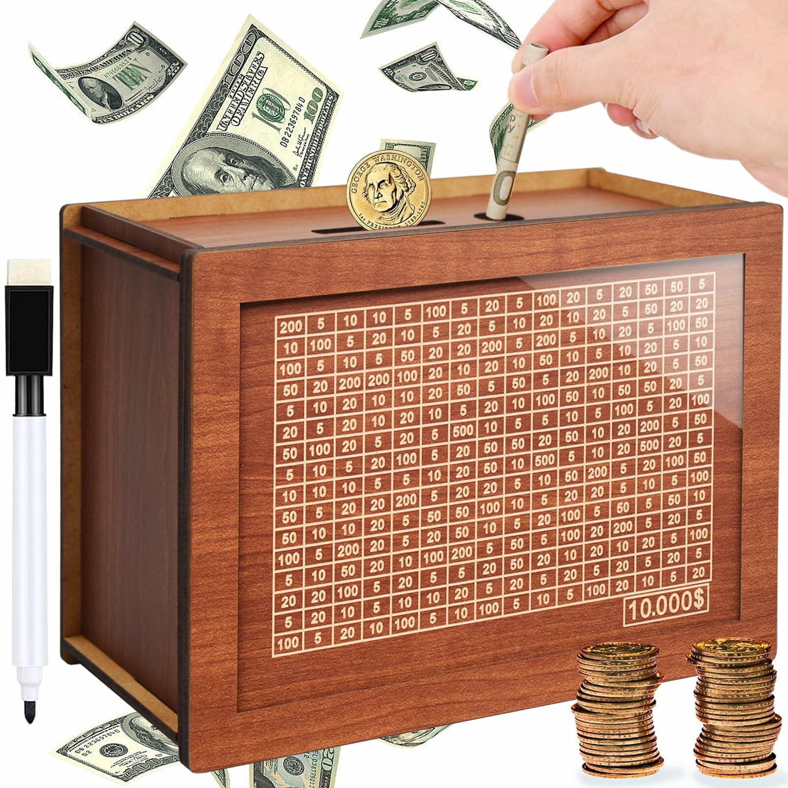 YOSICHY Cash Vault Wooden Savings Box with Money Target & Numbers Retro