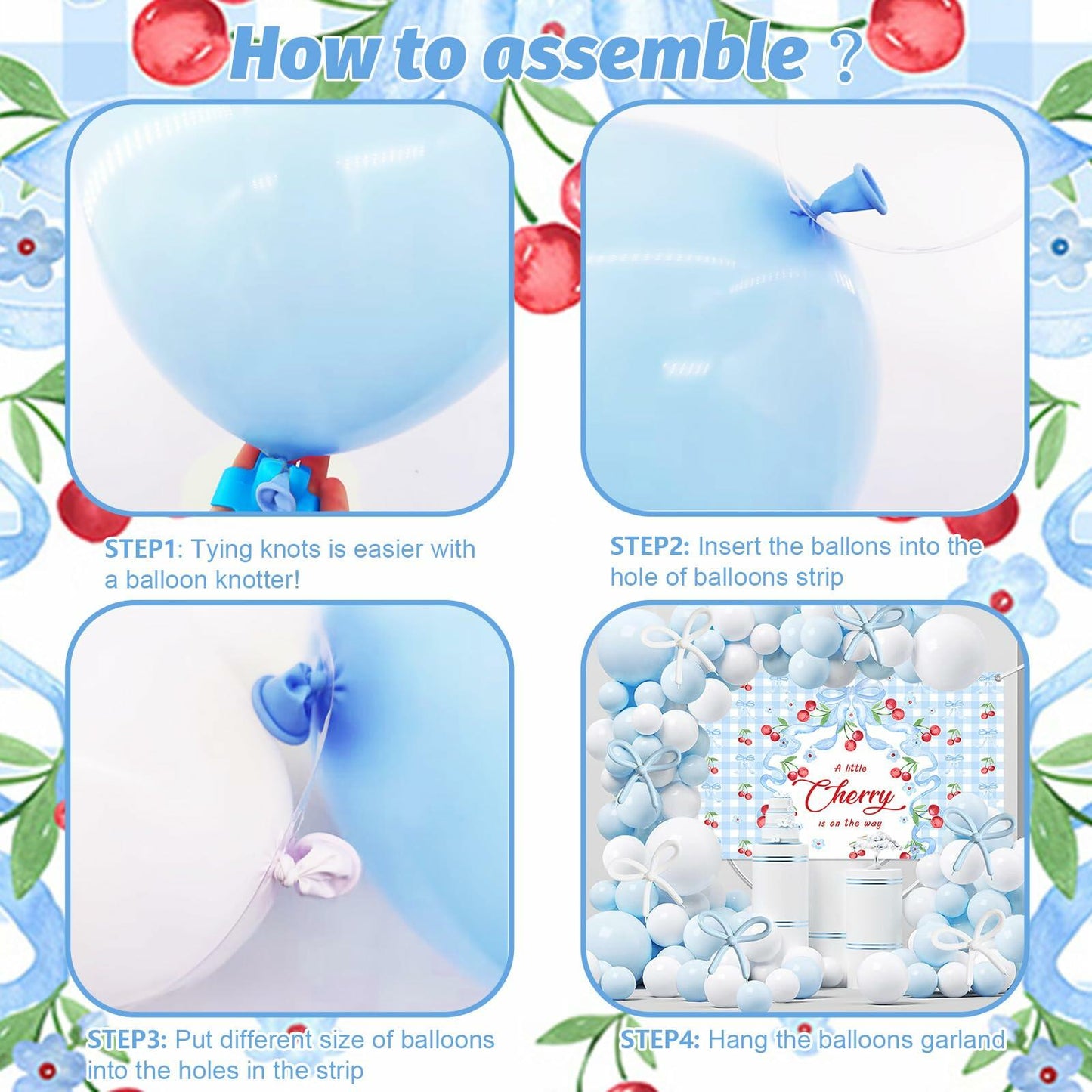 MEHOFOND Blue Cherry Bow Baby Shower Decor Banner Backdrop Balloon Set