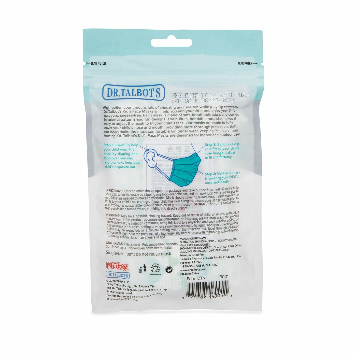 Dr. Talbot's Disposable Protective Face Masks Boys 2-5 Years 10-Count